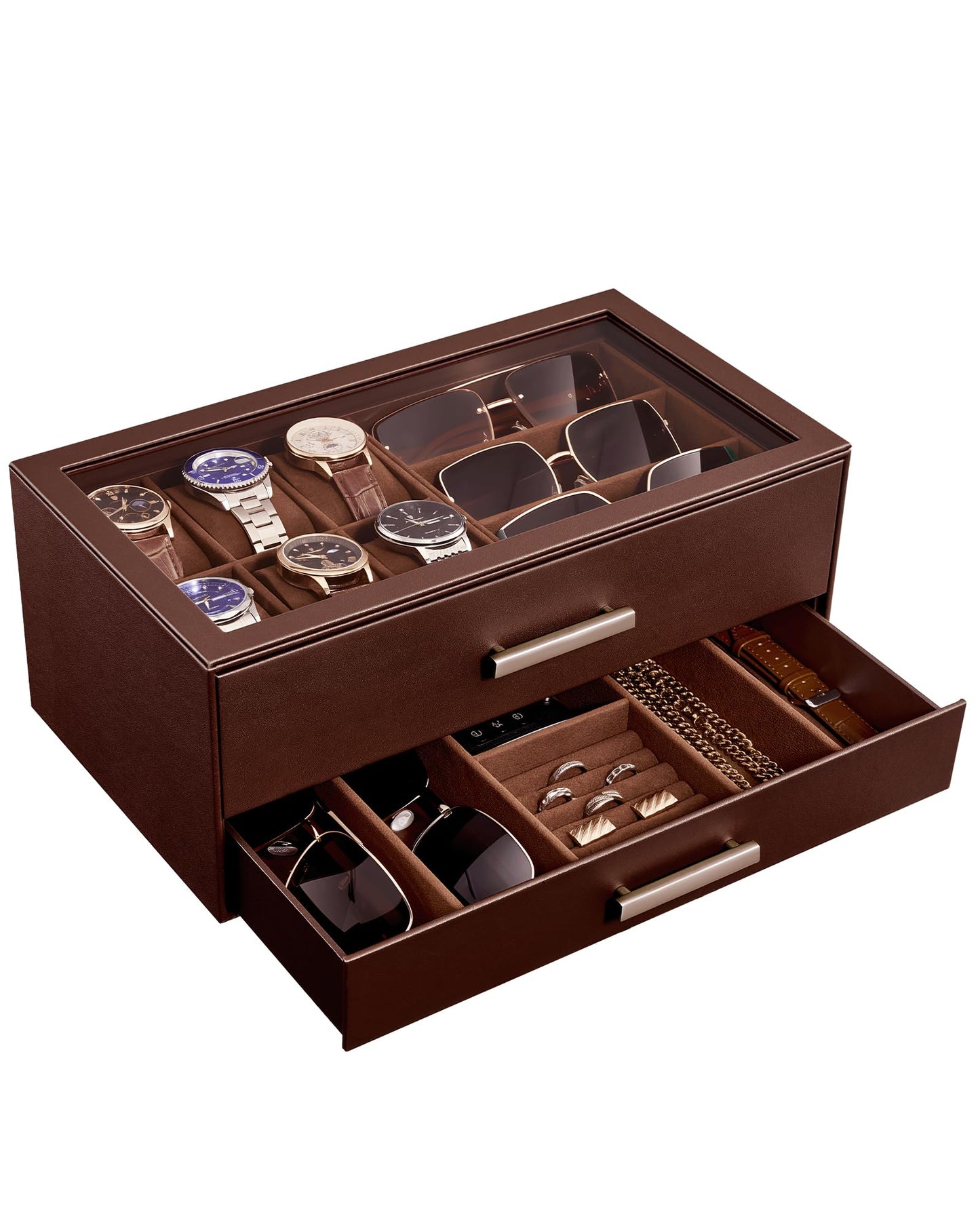 ProCase Mens Jewelry Box, 6 Slot Watch Case with Drawer & Glass Display Top, 2-layer Watch Holder Storage for Watches, Sunglasses, Rings, Bracelets, Jewelry Organizer, Gift for Men -Espresso