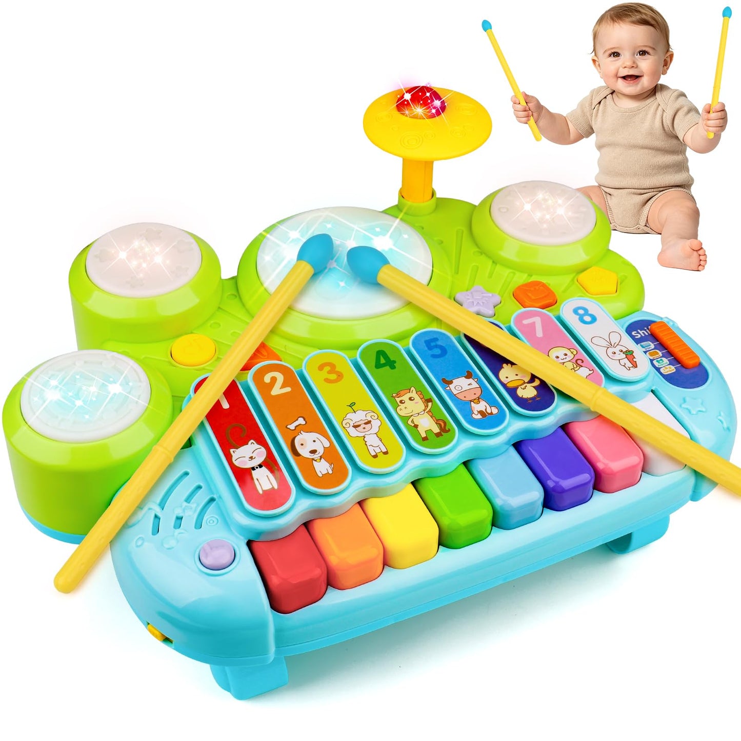 Baby Piano Drum Set for Toddlers 1-3, Musical Toys 3 in 1 Baby DJ Table Piano Keyboard Xylophone Instruments for 1 2 Year Old Boys Girls Music & Light Activity Table 6-12-18 Months Old Birthday Gifts