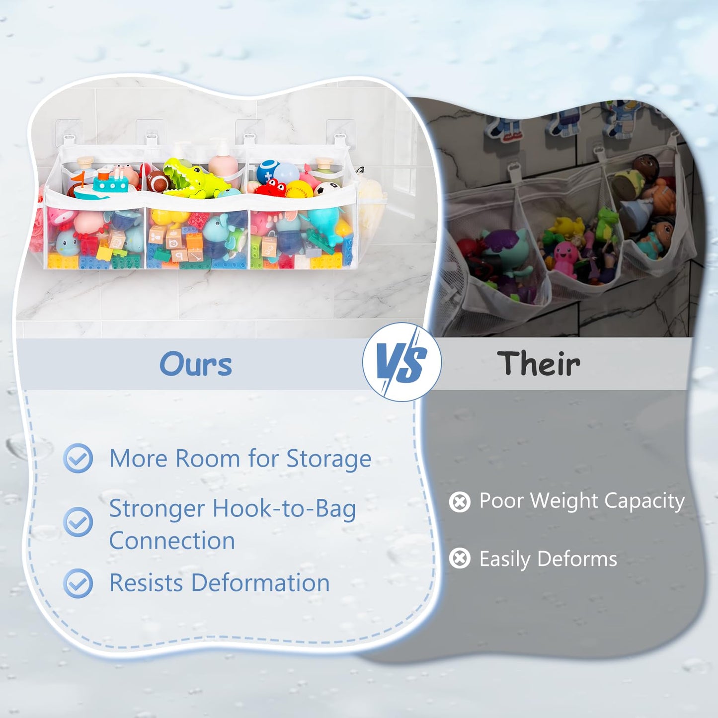 Criusia Extra Large Bath Toy Organizer with 3 Compartments and Multiple Pockets, Quick-Dry Mesh Bathtub Storage for Kids' Toys