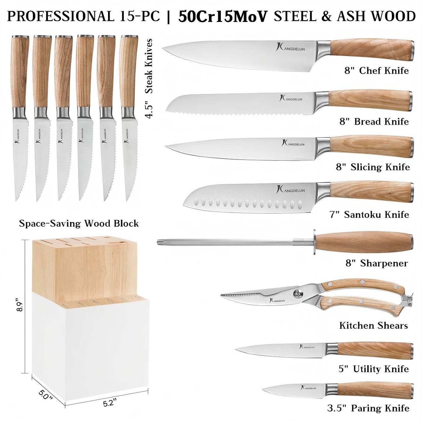 Kangdelun Ultra Sharp 15-Piece Kitchen Knife Set, High Carbon Stainless Steel Blades, Torrefied Natural Wood Handles, Ergonomic Design, Space-Saving White-Finished Wood Block, Easy Hand Wash, Gift Box