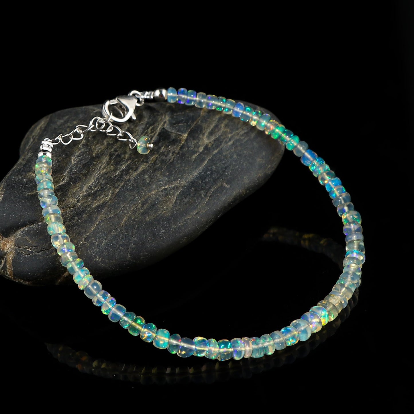 CRYSTALIS Natural Ethiopian Opal Beads Bracelet, High Grade Beaded Crystals, Chakra Healing Gemstone, Gift Giving Women Jewelry, 925 Sterling Silver 8 inch