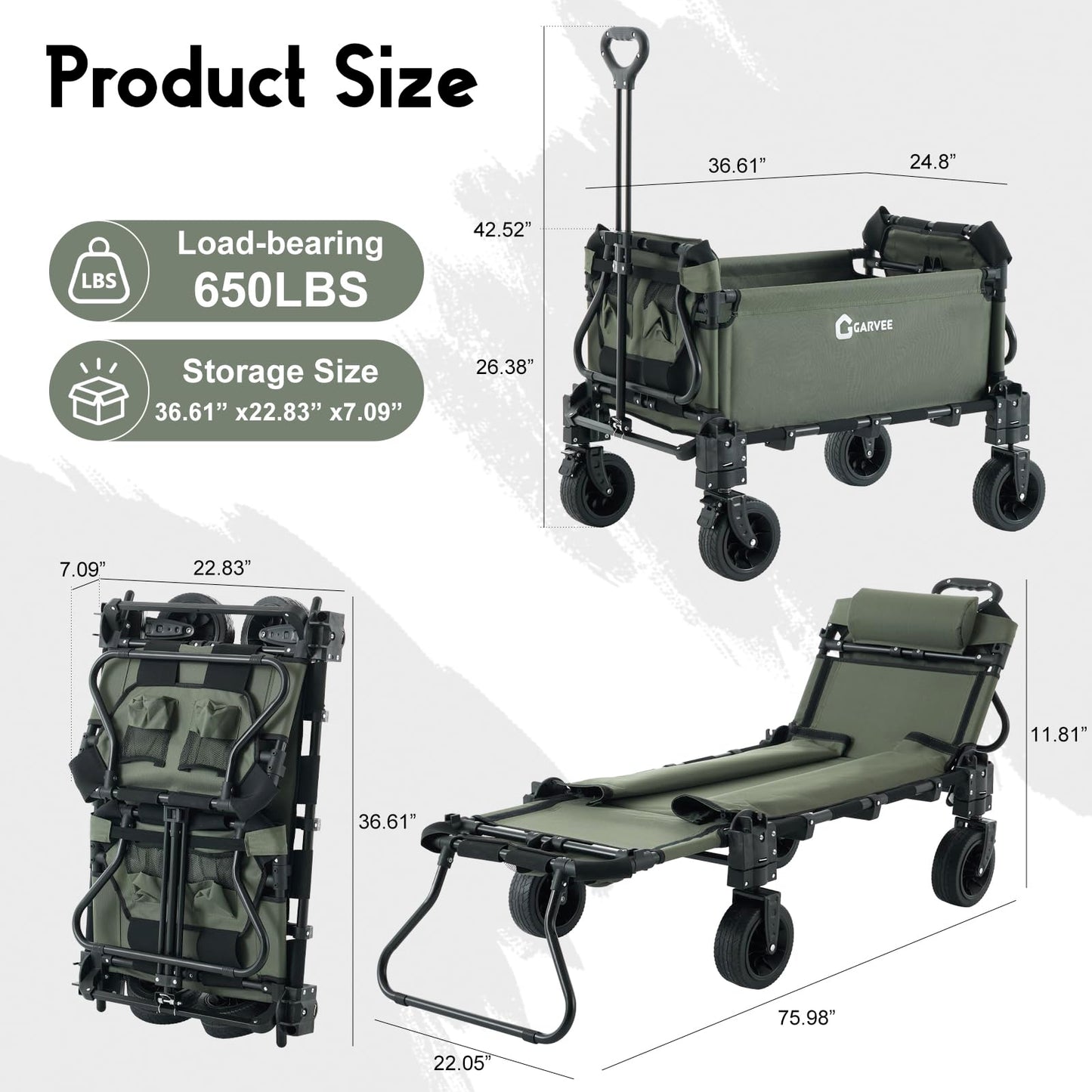 2-in-1 Beach Wagon Cart, Folding Collapsible Wagon with Large Capacity, Converts to Lounge Chair, All-Terrain 360° Swivel Wheels, Heavy-Duty Carbon Steel Wagon for Beach, Camping & Garden-Green