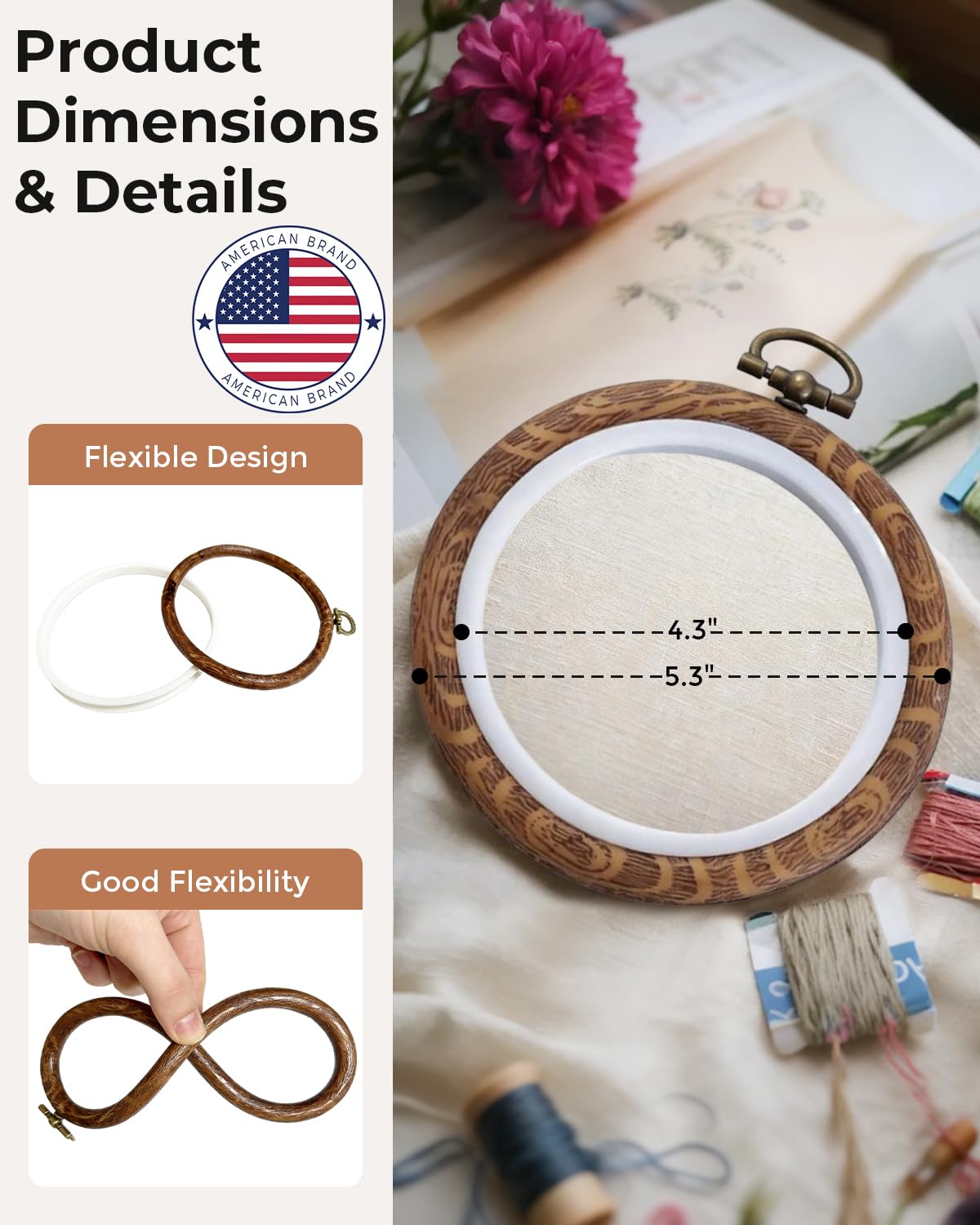 24 PCS 5Inch Round Embroidery Hoop Ring, Imitated Wood Cross Stitch Display Frame,Rubber Material Embroidery Hoop Kits for DIY Craft Sewing Hanging Gifts Christmas Halloween Ornament