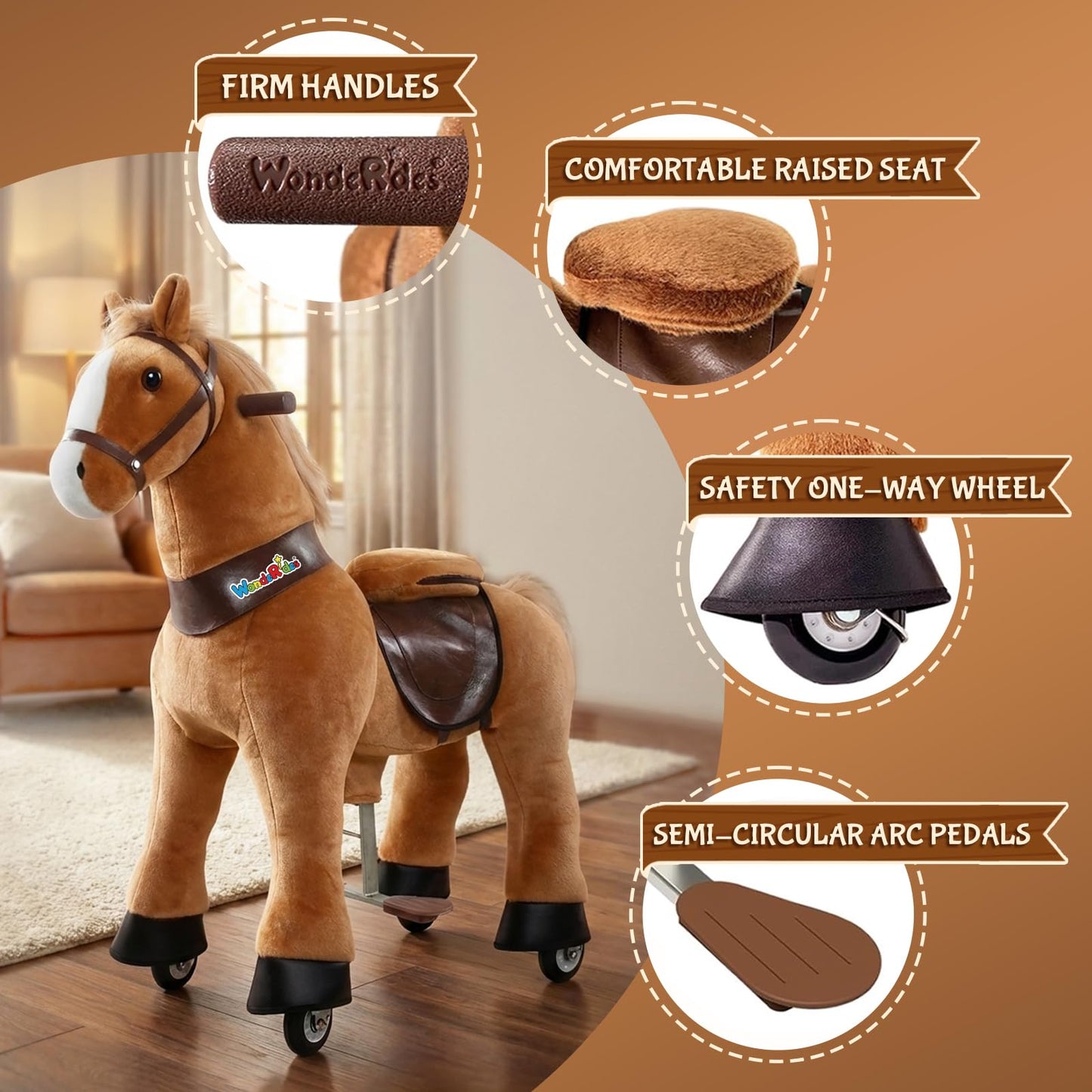 WondeRides Ride on Horse Riding Horse Pony Cycle Toy, 30.1 Inch Height Riding Pony Ride Plush Rocking Mechanical Walking Animal with Wheels No Battery Size 3 for Kids 3 to 4 Years M345