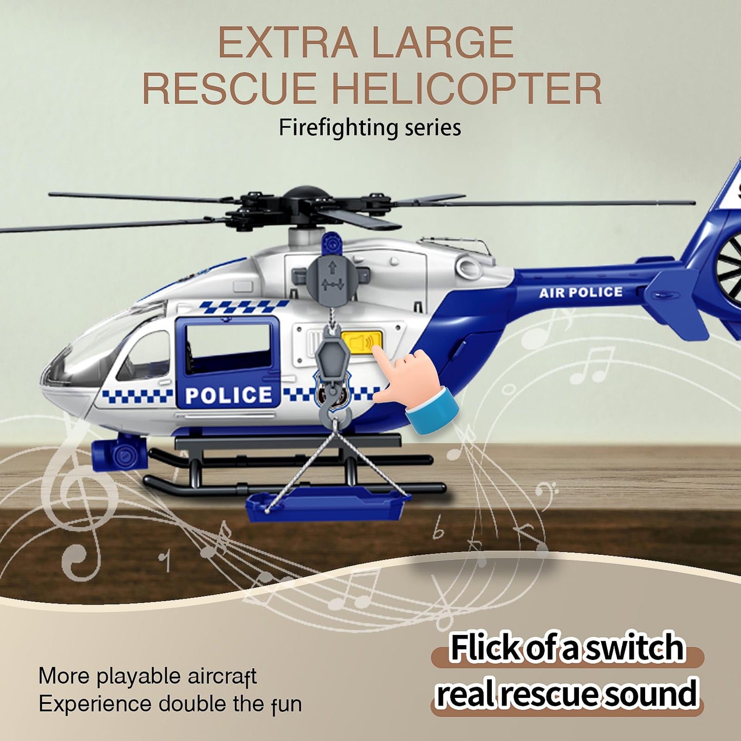 XUEXUE Large Police Helicopter Toy 15 Inch, Kids Helicopter with Crane & Hanging Tray, Toy Helicopter with Lights and Sounds, Helicopter Toys for Kids 3-5, Birthday Gift for Boys Age 3-7