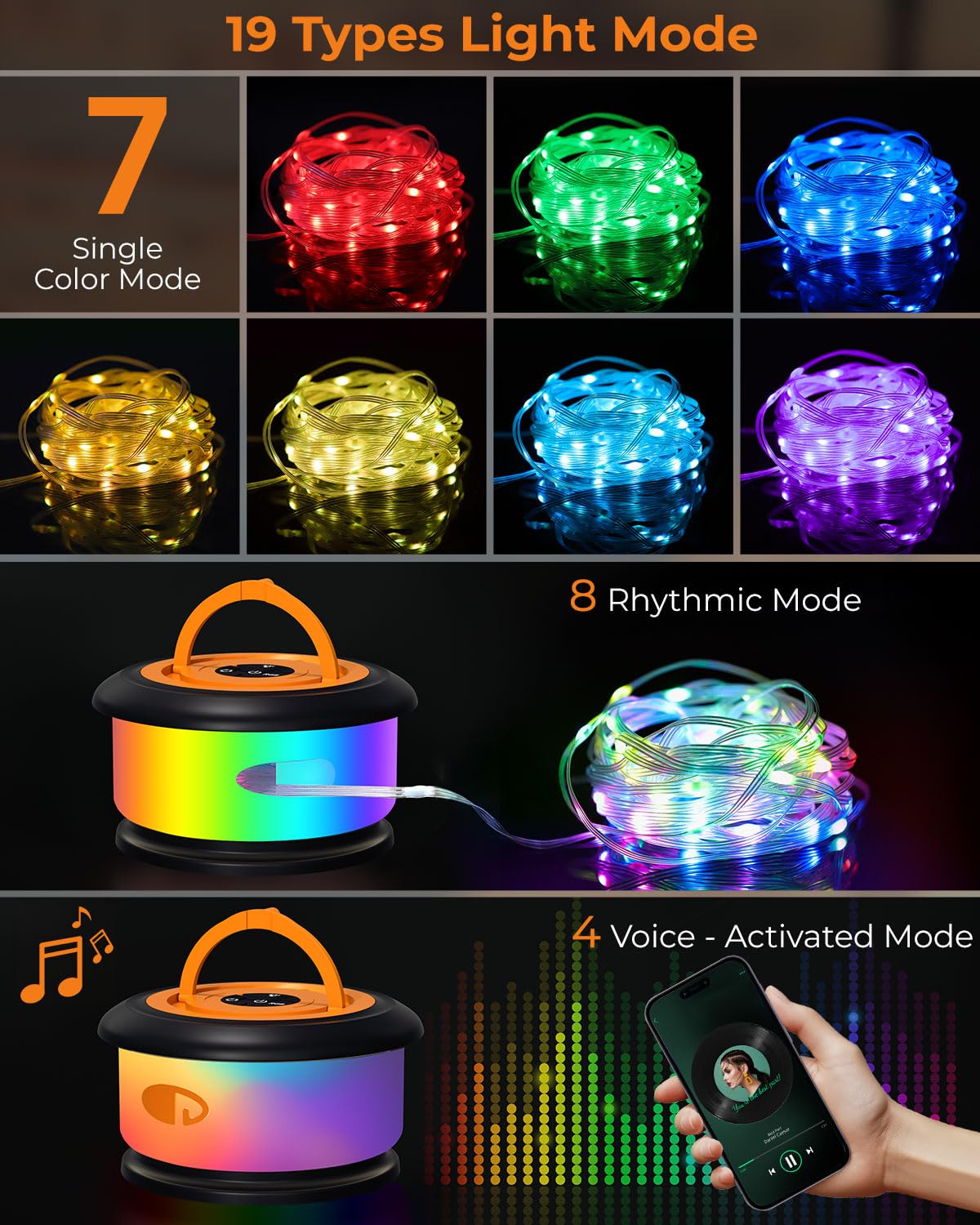 Bylitodt Camping String Lights, Retractable 32.8ft RGB Flash Lamp, Rechargeable LED Fairy Lights Outdoor Waterproof, Portable Hanging Lantern for Outside Tent Patio Awning Garden RV Essentials