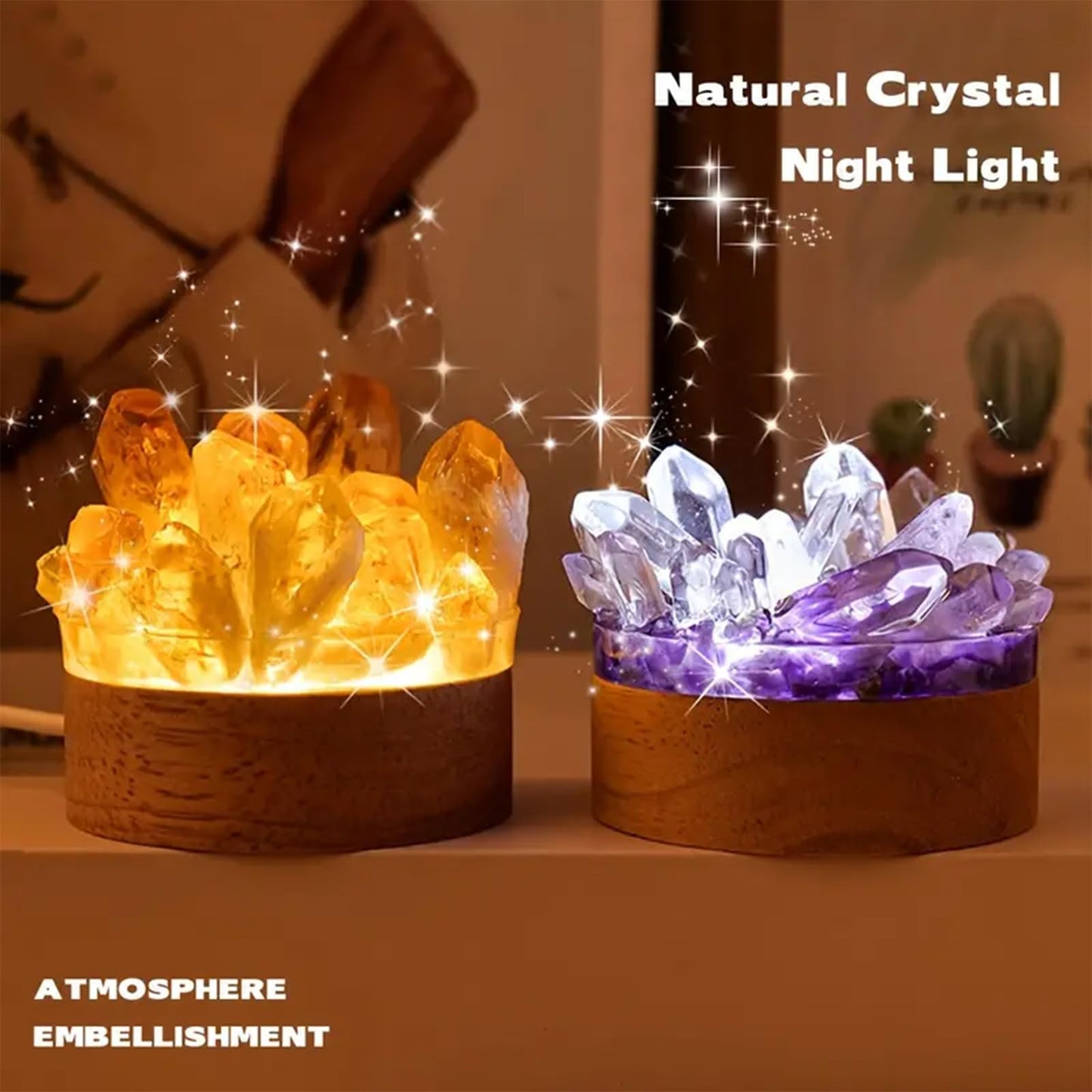 Runyangshi Natural Crystal Night Lamp Bedroom Bedside Sleep Night Light Citrine Amethyst Healing Crystal Gemstone Quartz Ambient Light USB Powered Night Decoration Desktop Ornament for Home Decor Gift