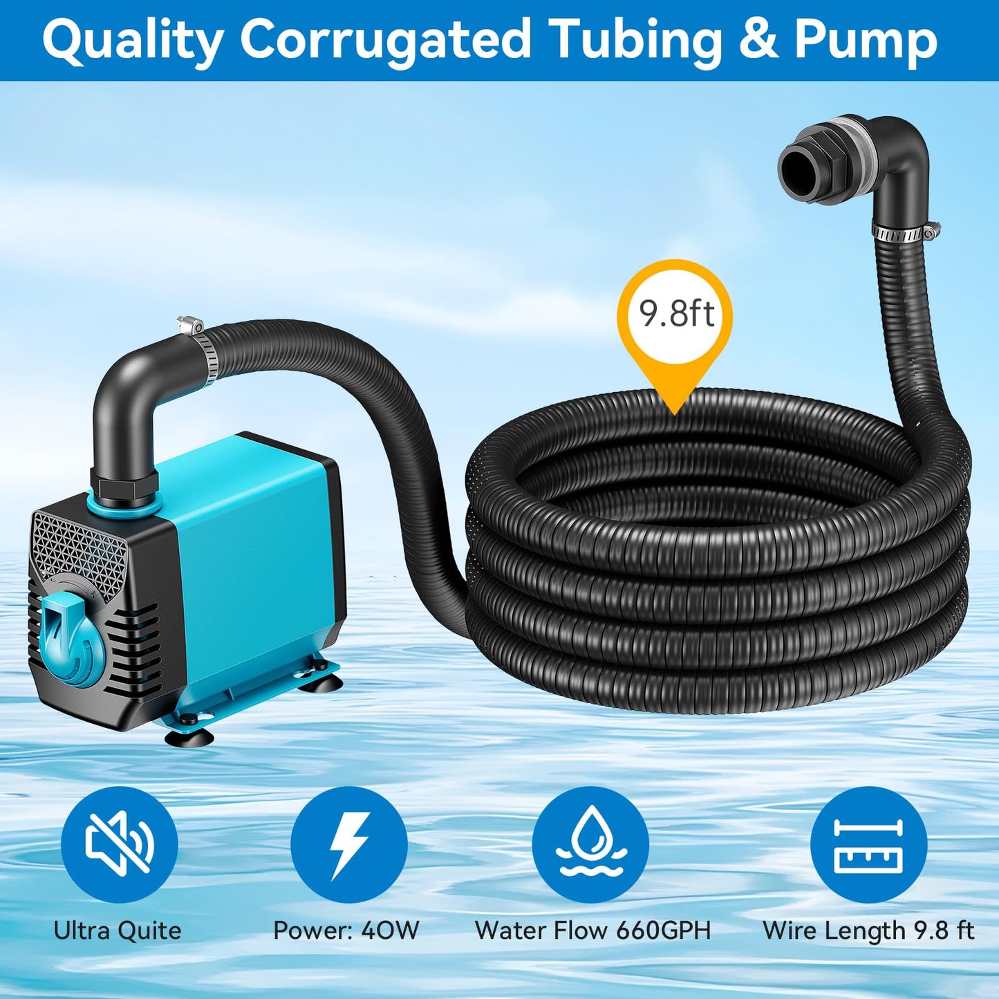 POPOSOAP Pond Waterfall Spillway with Pump Kit, 304 Stainless Steel Pond Pond Waterfall Box with 9.8FT Corrugated, Pond Spillway Tubing with 40W 660GPH Pump for Waterfall System Garden Decor