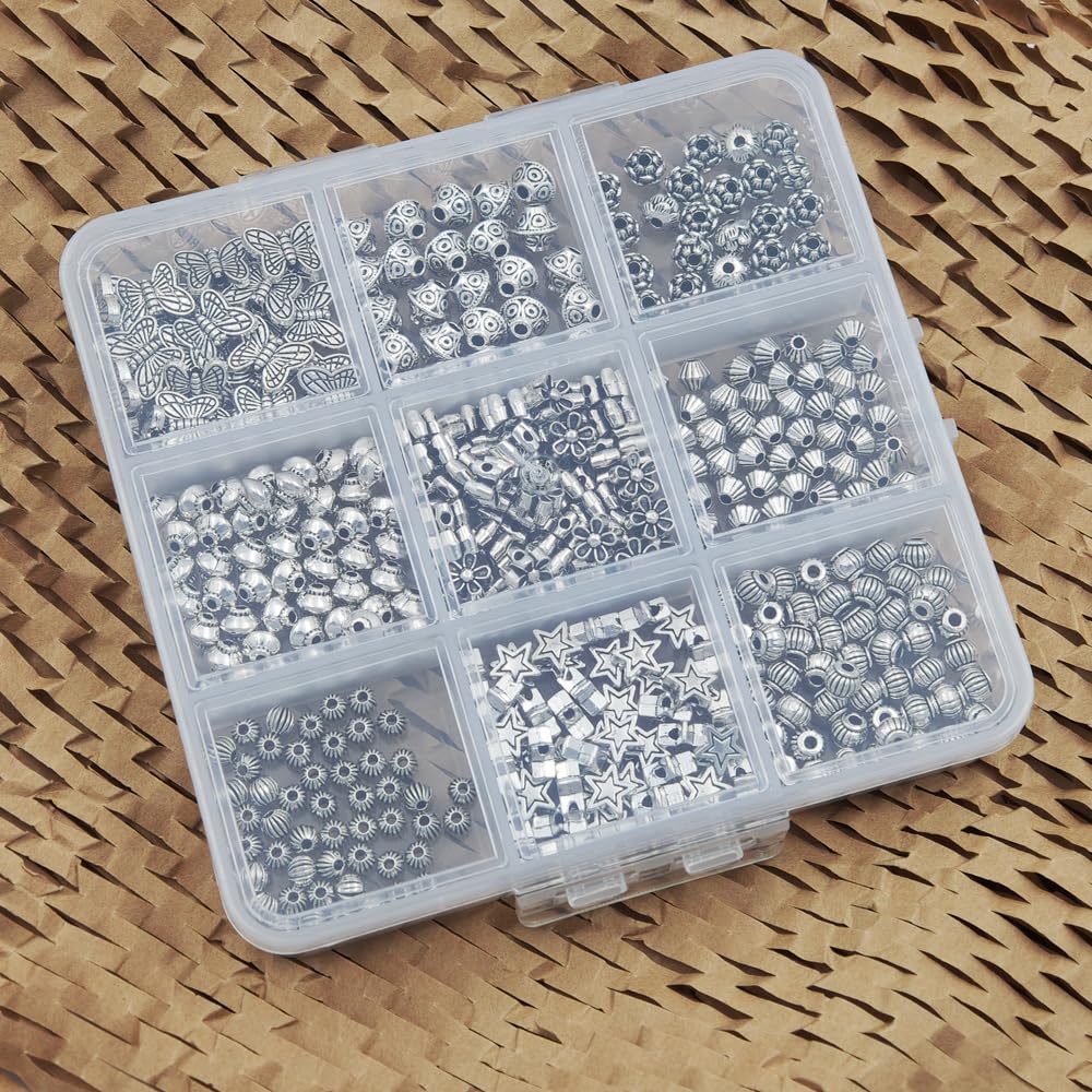 INSPIRELLE 450 Pieces Metal Alloy Spacer Beads Antique Silver Flower Butterfly Star Shaped Loose Beads for Jewelry Making and Crafting
