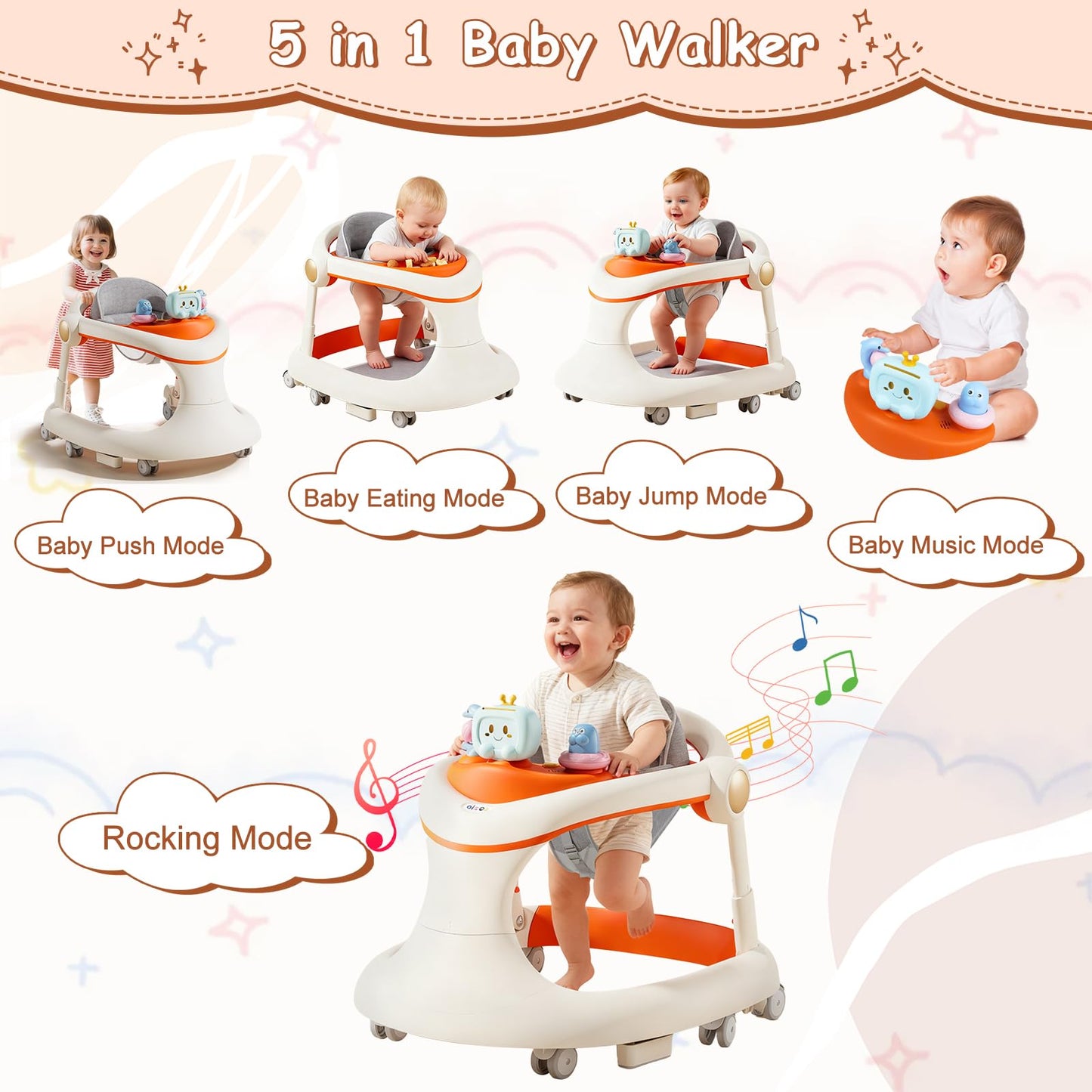 Baby Walker with Wheels, 5-in-1 Foldable Baby Walker for Boys and Girls 7-18 Months with Adjustable Height Detachable Seat and Music Tray Baby Activity Walker, Anti-Fall Activity Center for Boys Girls