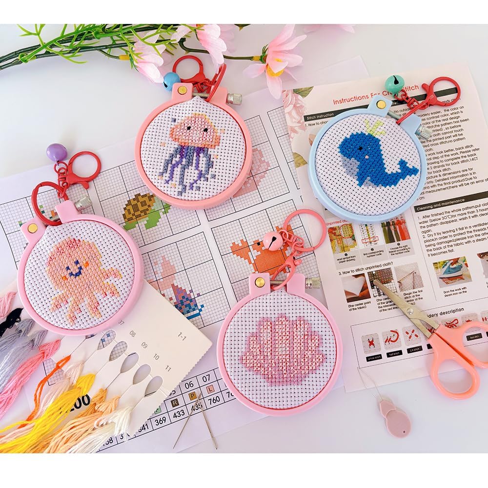 VIGEGU 8 Pack Cross Stitch Kits for Beginners,Marine Animals Stamped Cross Stitch Kits for Kids,Crafts for Girls 8-12 Embroidery Kit 11CT Cross Stitch Kit for Beginners with Frame