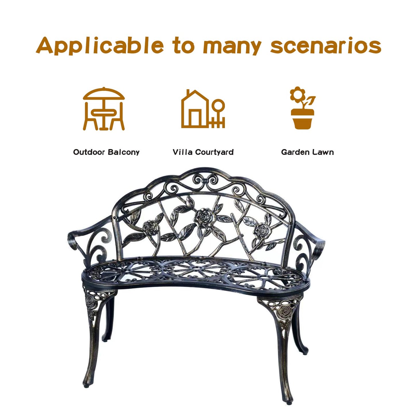 YKSY&YKSY Patio Garden Bench Metal Park Bench Cast Aluminum Outdoor Furniture with Floral Rose for Patio,Park,Lawn,Yard (Copper)
