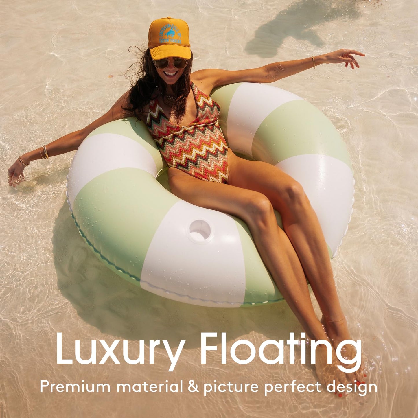 FUNBOY Giant Vintage Green Stripe Inflatable Tube Pool Float with Cup Holder 48" | Large Pool Float for Adults | Inner Tube Swimming Pool Toys Swim Rings | Pool Lounger Float for Pool Party & Summer