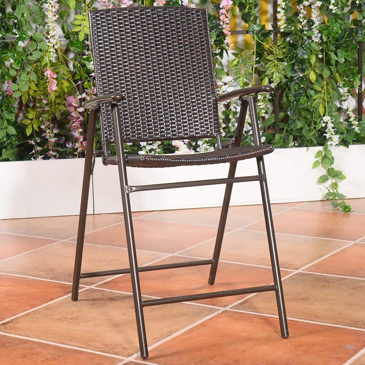 Moccha Folding 4 Pieces Wicker Rattan Chairs, Tall Bar Stool Set with Back Steel Frame Footrest Armrest, Weather-Resistant Comfortable Chairs for Outdoor Indoor Garden Patio Furniture Set, Brown