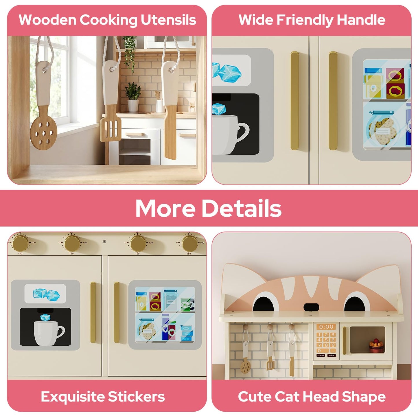 Wooden Play Kitchen for Ages 3-8 Babies, Cat Design Kitchen Playset with Microwave, Stove, Sink, Clicking Knobs, Kids Children Pretend Toy for Boys Girls, White