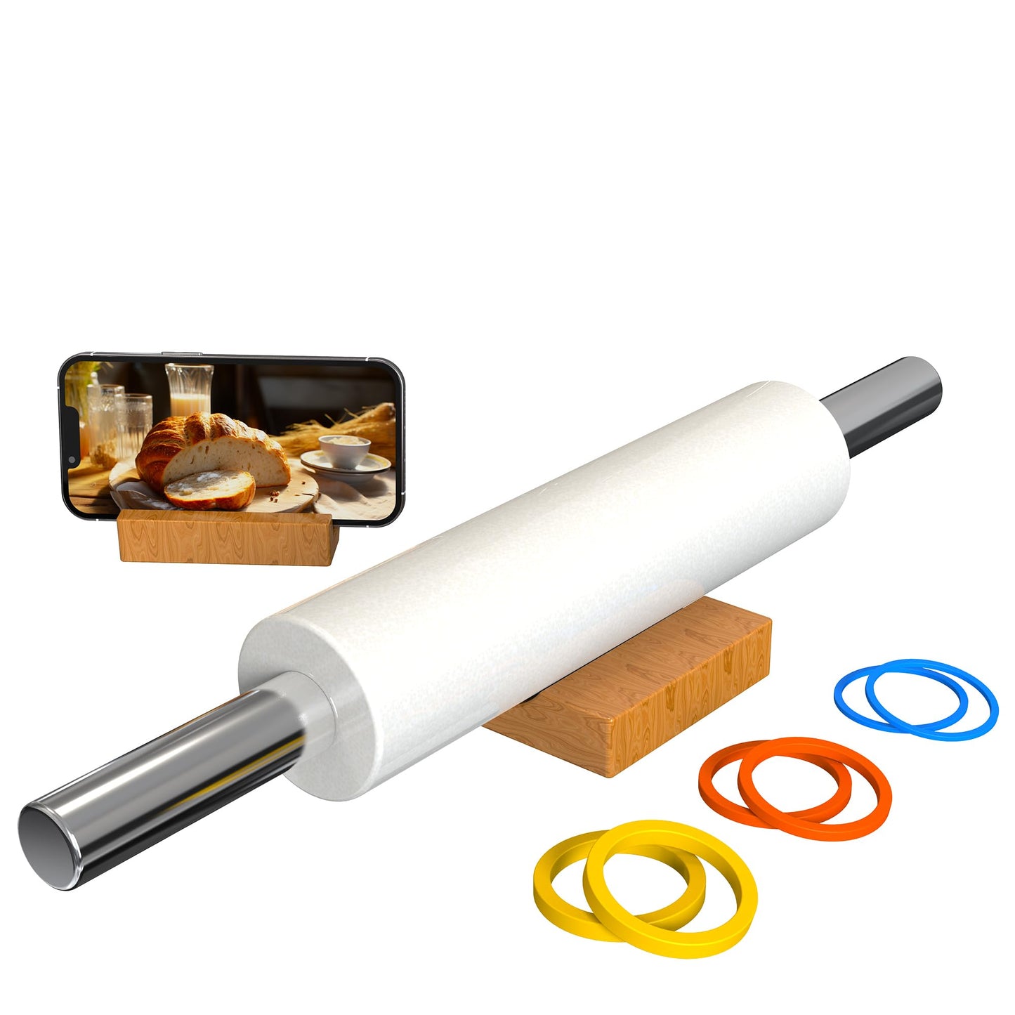 Mepple Marble Rolling Pin with Stainless Steel Handle for Baking,Fondant,Pizza,Cookie Crust,Pie,Cookies,Pastry, 18.5”(Includes handle) Marble Rolling Pin with 3 Multi-Color Thicknesses and Wood Stand