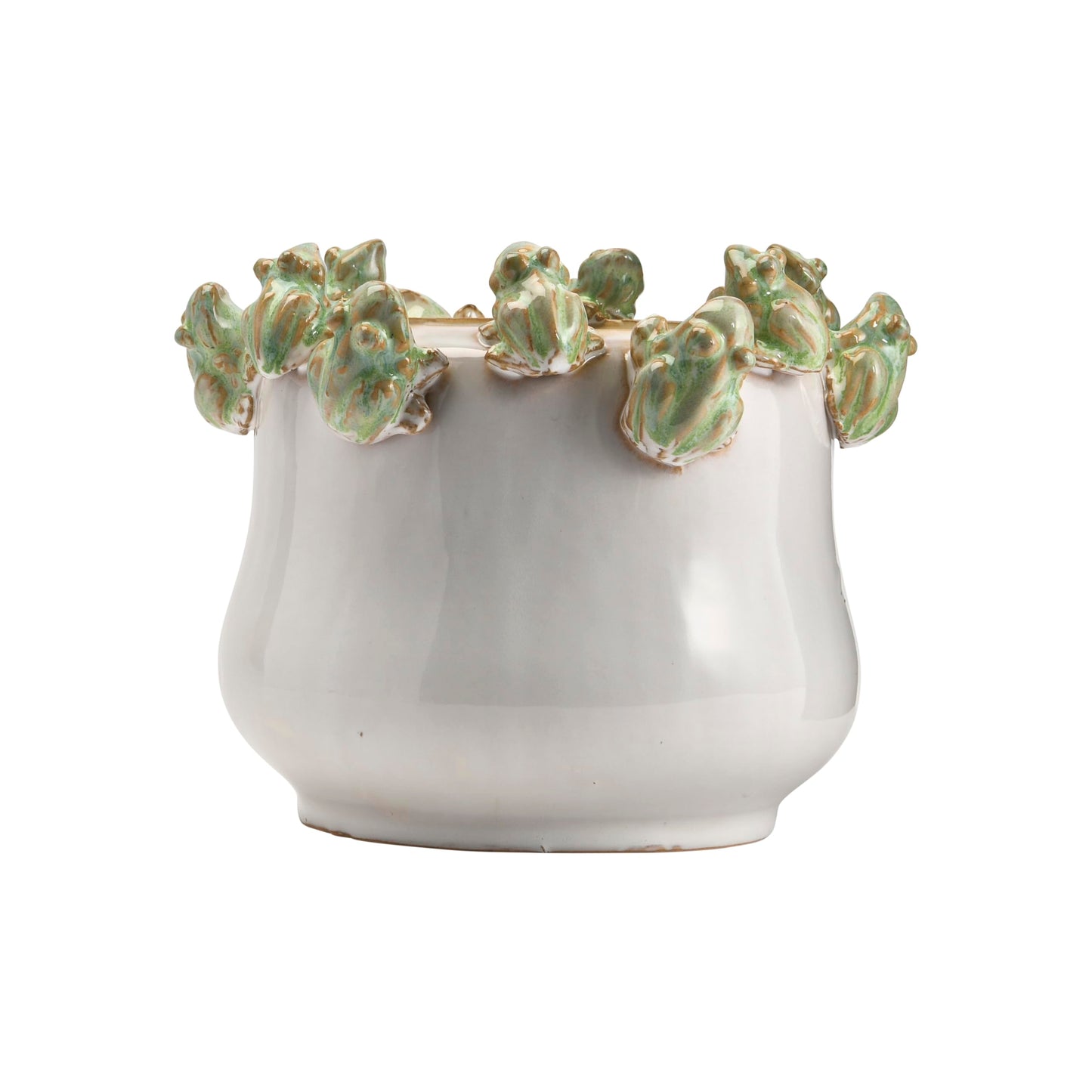 Creative Co-Op Stoneware Planter with Frogs on Rim and Reactive Glaze, Green and White