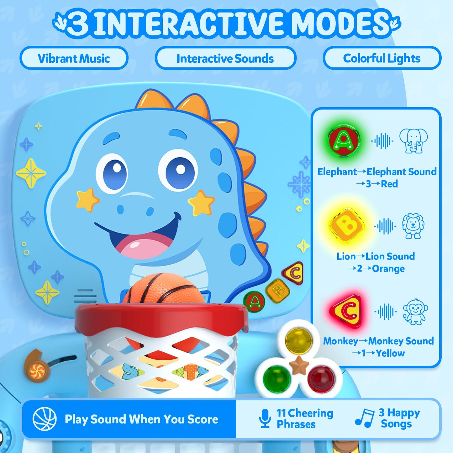 Toys for 1 Year Old Boy - Toddler Basketball Hoop & Soccer Goal & Baseball Activity Center with Light Sound Music, Dinosaur Montessori Sports Toy, Christmas Birthday Gift for Baby 12-18 Months, Blue