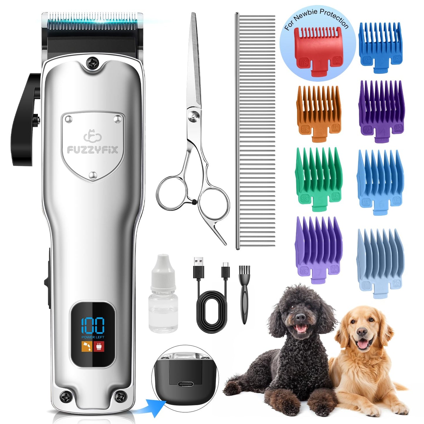 FuzzyFix Dog Clippers for Grooming for Thick Heavy Coats, Professional Low Noise Dog Grooming Clippers Supplies Kit Rechargeable Stainless Steel Hair Trimmer with Ceramic Blade for Dogs Cats Pet