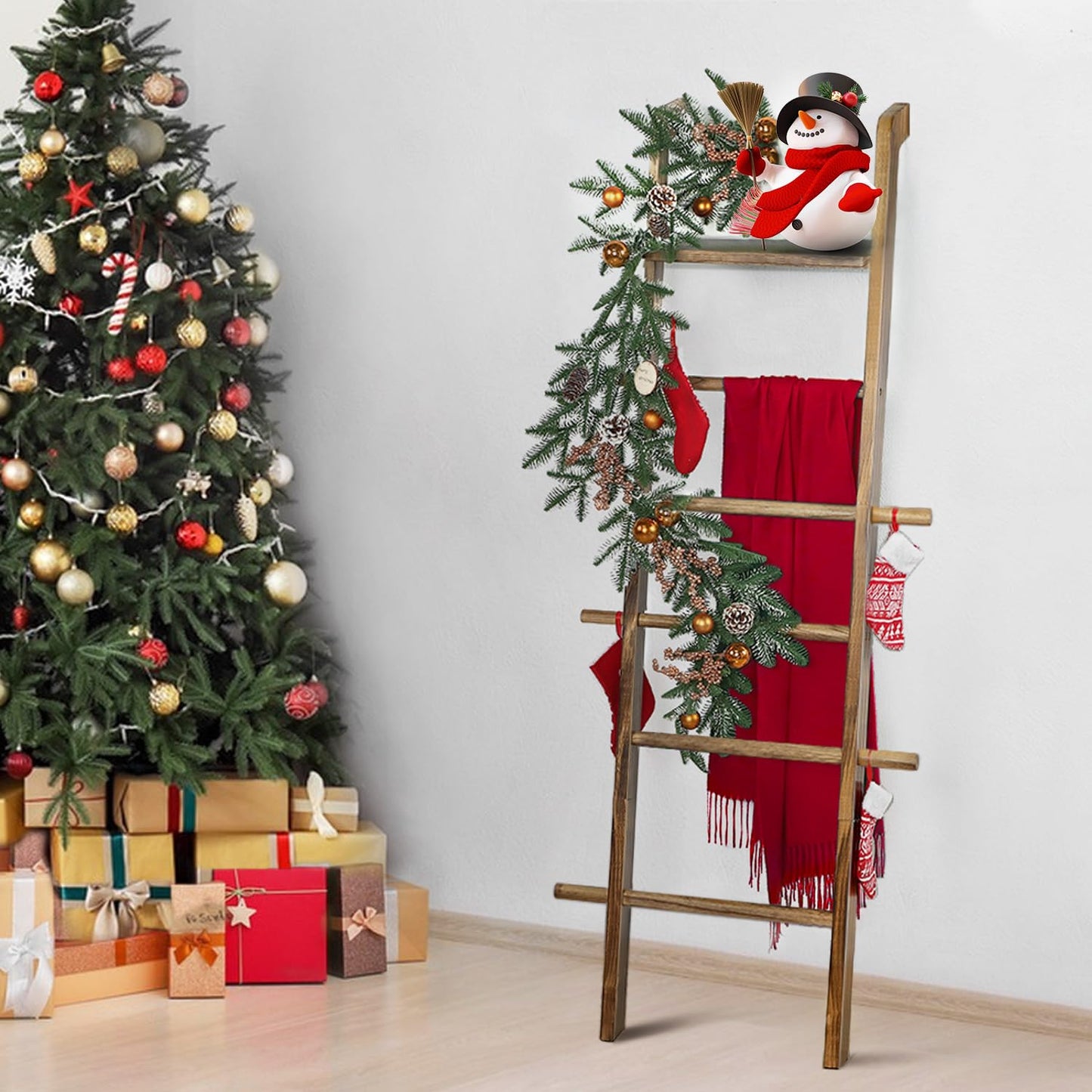 Taozun 67-Inch Wooden Blanket Ladder with Shelf for Living Room - 5-Tier Farmhouse Towels and Quilt Rack Decor - Leaning Wall Display Holder for Blankets and Throws