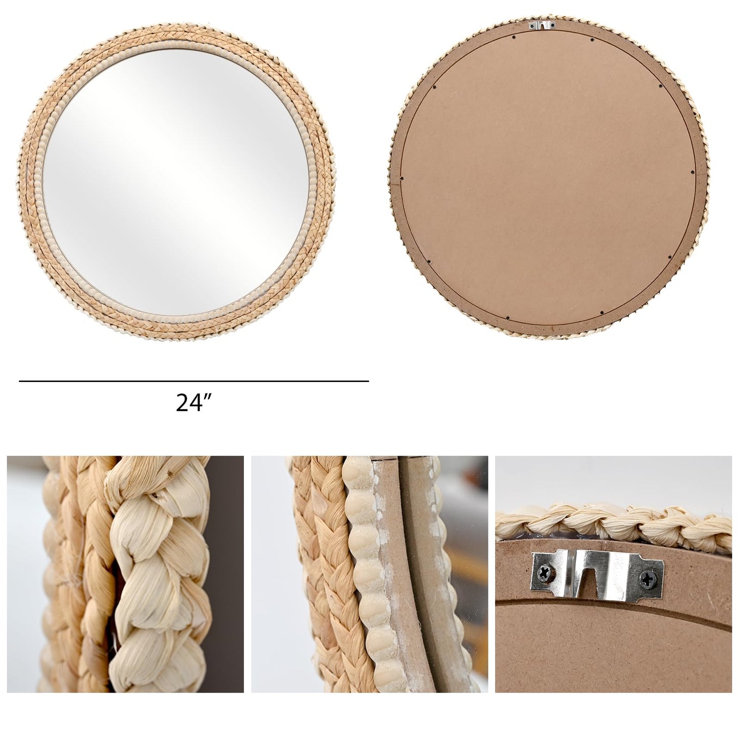 FUIN 24" Rattan and Wood Round Mirror for Boho Bathroom, Entryway, Living Room Decor