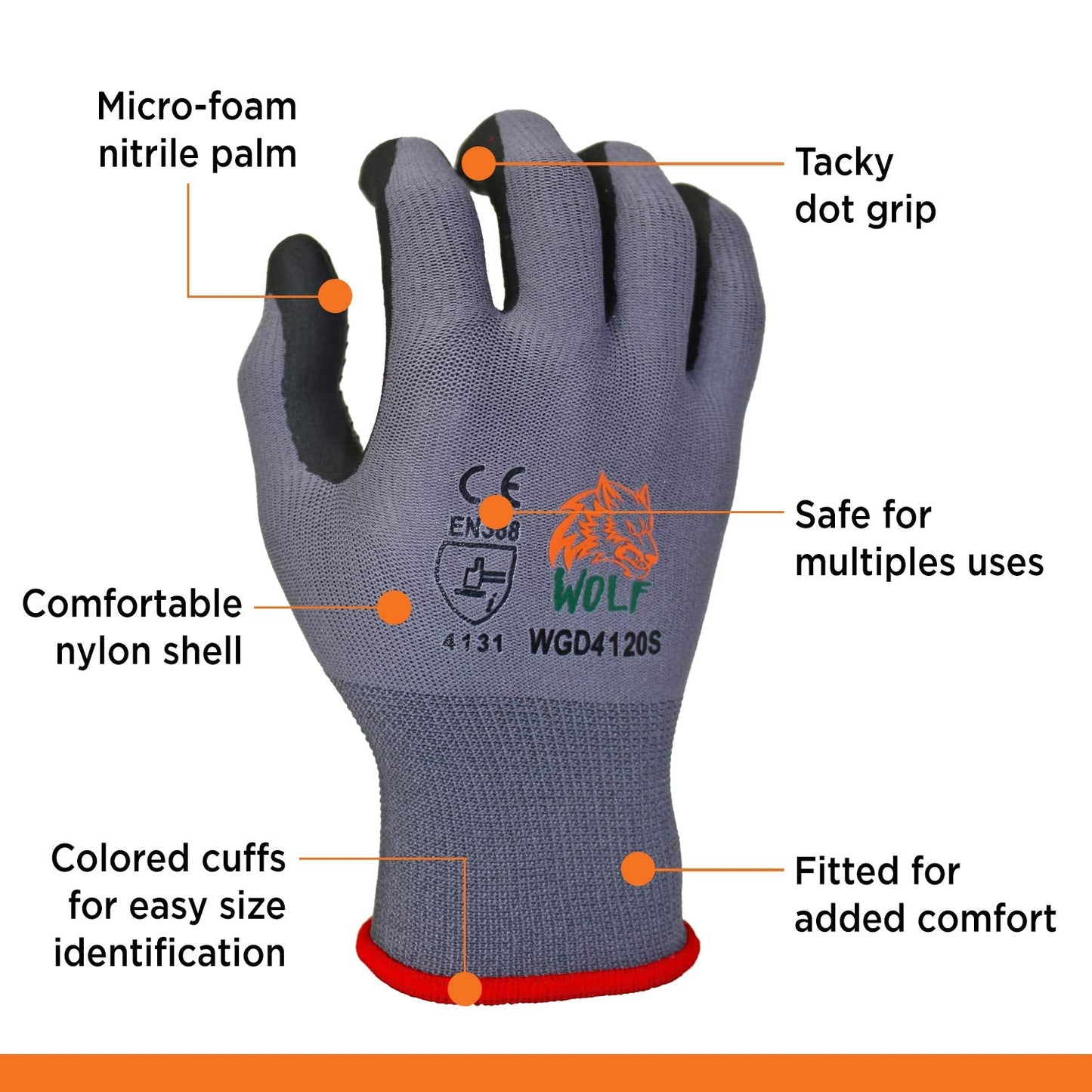 WOLF Ultra-Thin Nitrile Foam Palm Coated Glove with Tacky Dot Grip, Multi Purpose (12, Small)