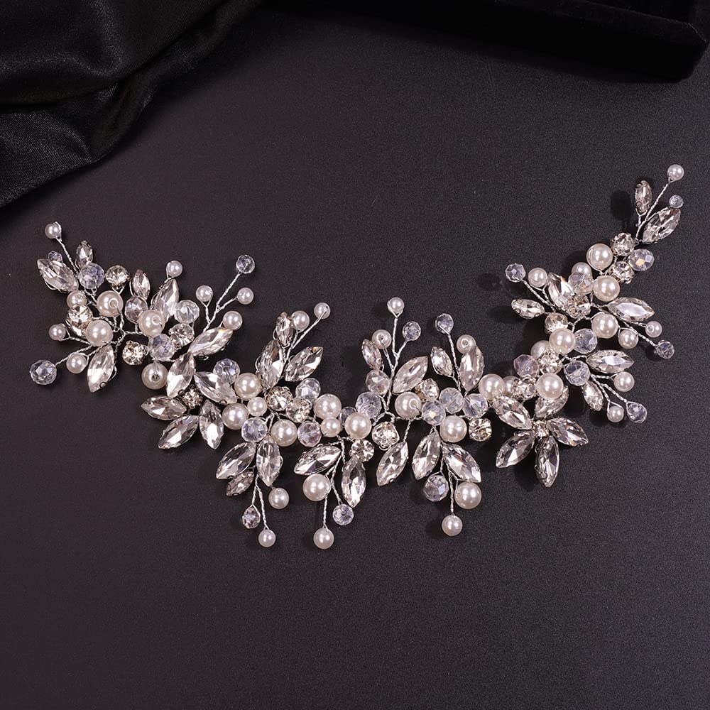 Teyglen Dainty Rhinestones Pearls Crystal Large Headband Vine Handmade Bridal Flower Headband Wedding Hair Accessories for Brides Hair Pieces Gold Silver Headpieces for Women Girl (Silver)