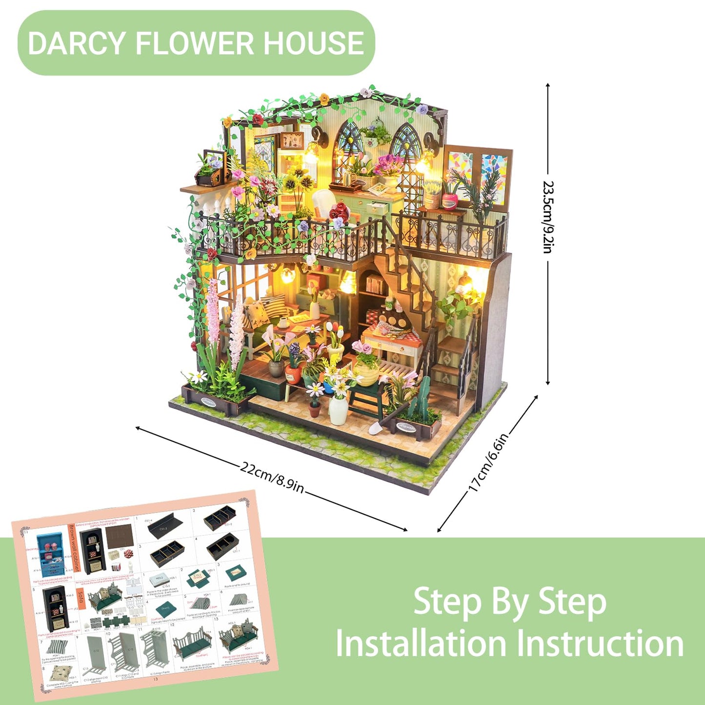 PANZIYU DIY Miniature House Kit, Fairy Dollhouse for Adults to Bulid,Tiny Home Making Kit with Wooden Furniture and LED, Halloween Decoration for Family and Friends (Darcy Flower House)