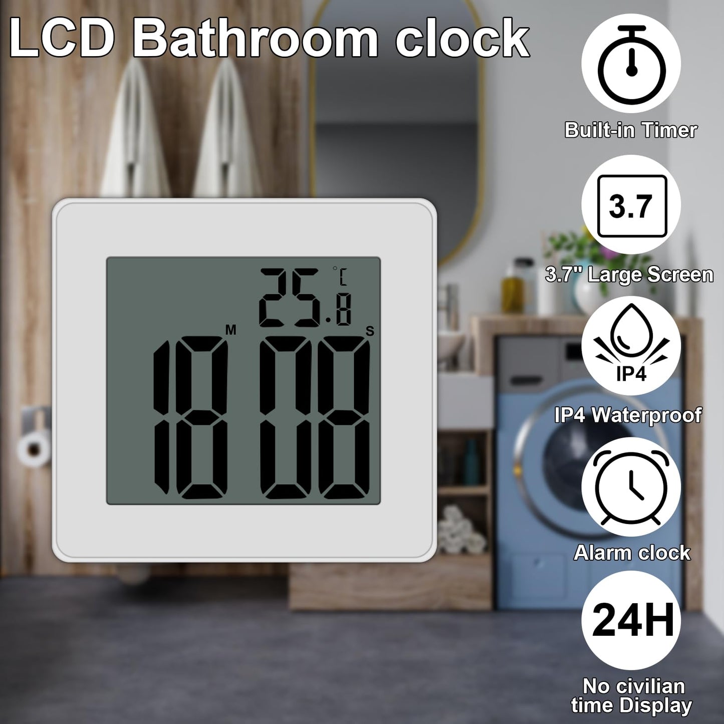 CENTOLLA Digital Shower Clock, Large LCD Display Waterproof Timer for Shower, Suction Cups for Home (White) - Only Military time and ℃ Display