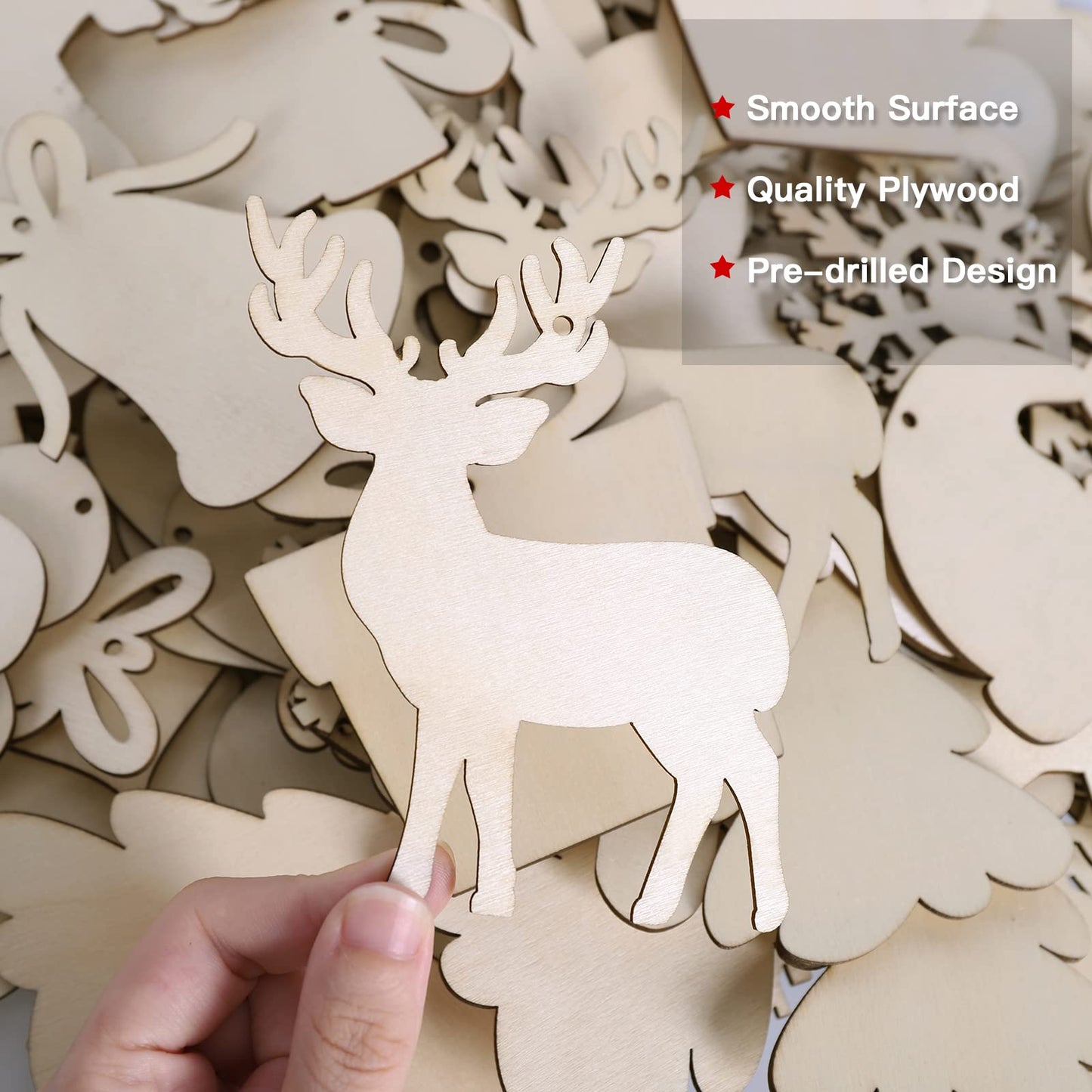 Max Fun 60Pcs Christmas Wooden Ornaments Unfinished Predrilled Wood Slices Circles for Crafts Xmas Holiday Hanging Decoration in 12 Shapes