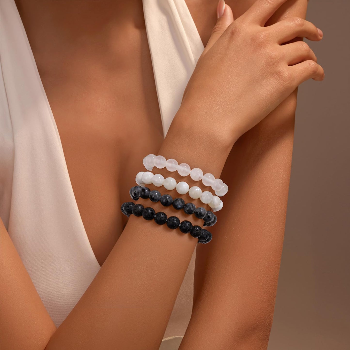 Vinswet Healing Crystal Bracelets for Women Men 8mm Selenite Natural Stone Beaded Stretch Bracelet Handmade Gemstone Reiki Spiritual Jewelry Gifts