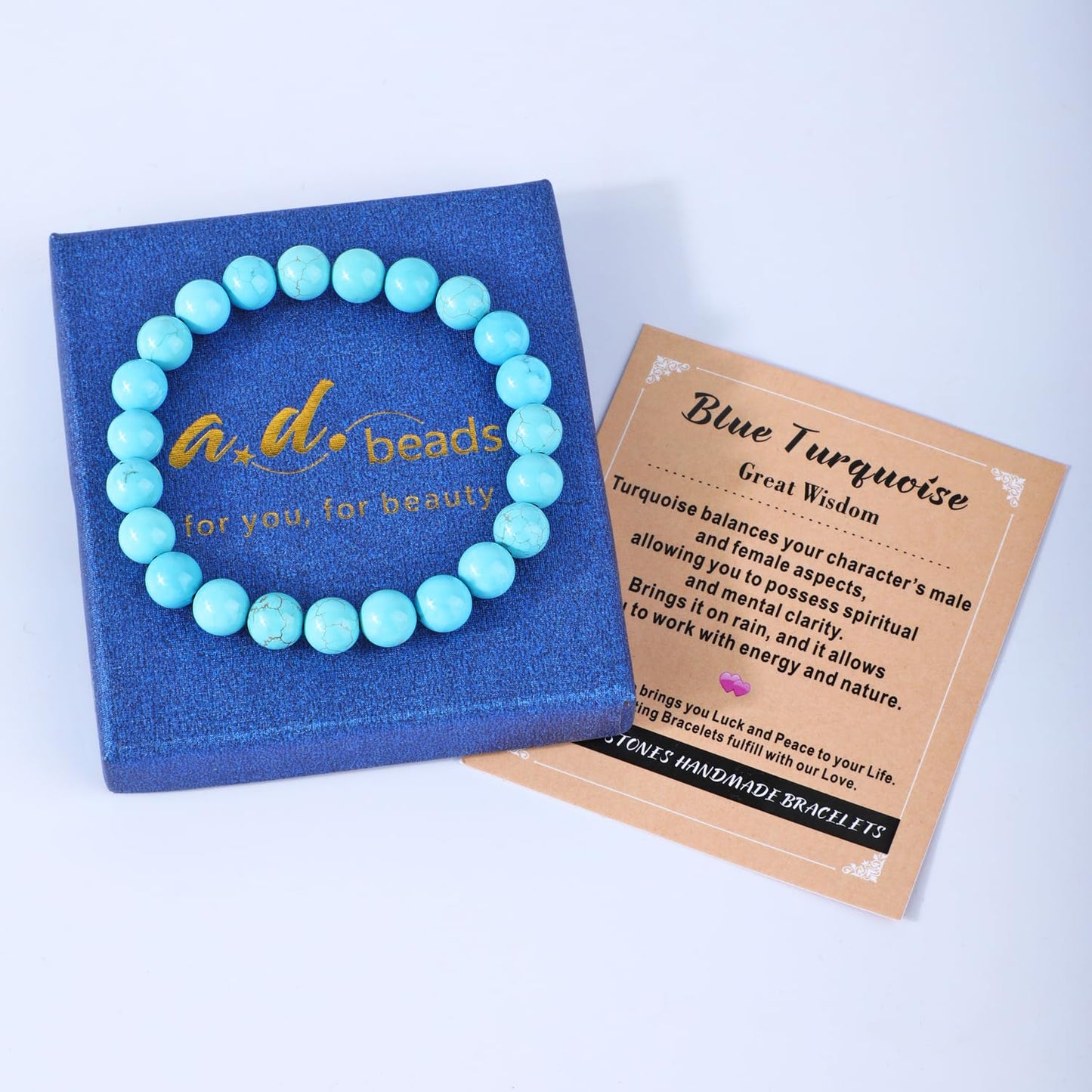 AD Beads 4mm Handmade Blue Turquoise Elastic Bracelet – Natural Gemstone for Great Wisdom – Meditation, Yoga, Healing and Energy Gift for Men Women