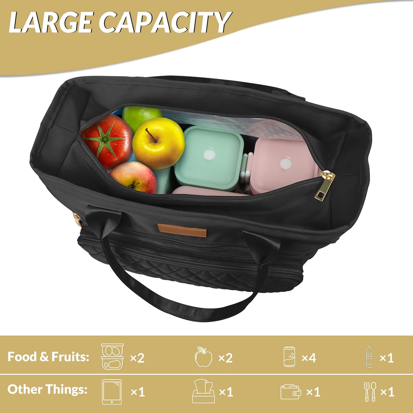 EASYA Large Insulated Lunch Bag for Work, Women's Nylon Thermal Lunch Box, Leakproof Cooler Tote Bag with Storage Pocket (Black)