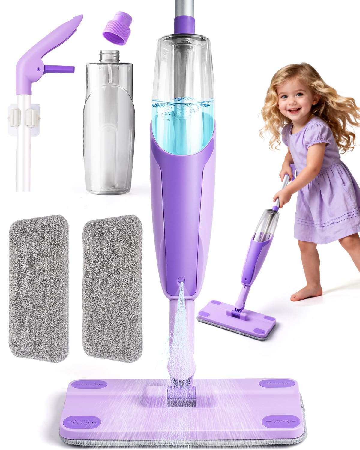 Purple Mini Spray Mop for Toddler-Montessori Cleaning Toy that Real Spray Water,Pretend Playhouse Essentials for Girls Ages 3-8,Toddler Educational Housekeeping Set