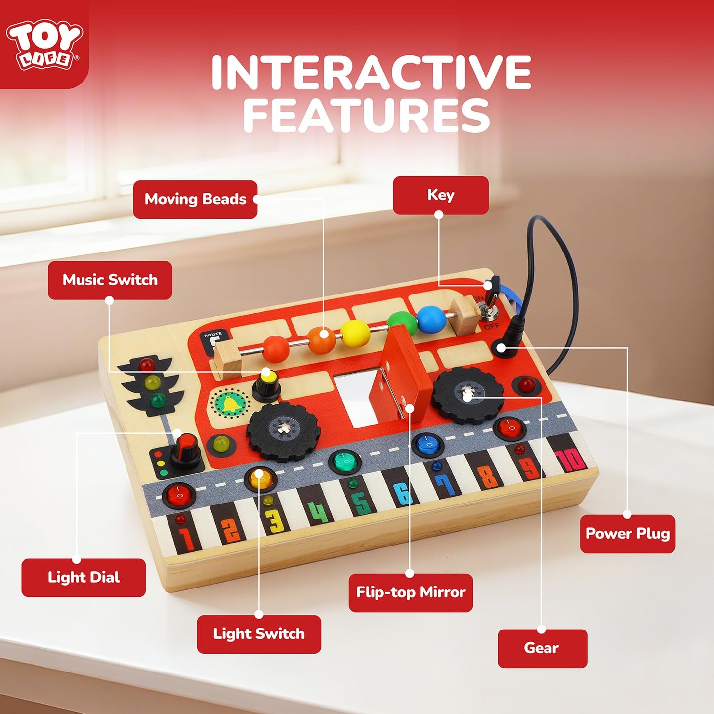 TOY Life Toddler Montessori Busy Board, Wooden Bus Sensory Board Toys with LED Light Up Switchs, Baby Busy Fidget Boards Travel Toys, Easter Birthday Gifts for 1+ Year Old Kids Girls Boys