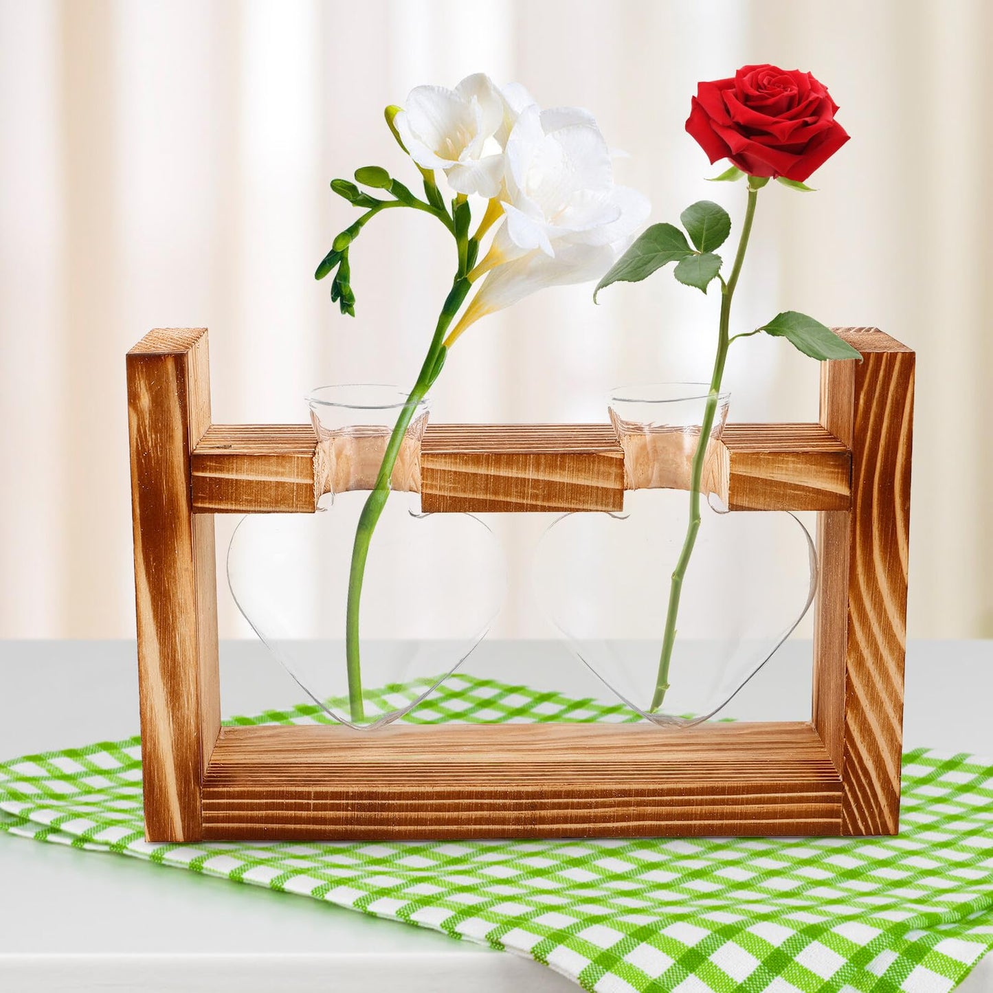 Abaodam Heart Shaped Hydroponic Glass Vase with Wooden Frame Stand, Desktop Plant Propagation Station for Indoor Terrarium and Flower Centerpiece Decor