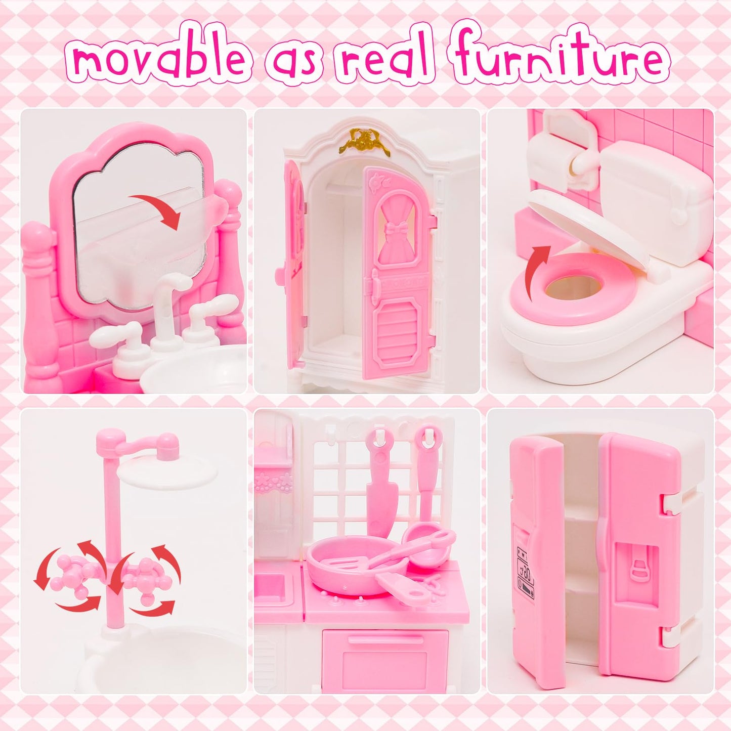 HAPGFS 45 Pcs Dollhouse Furniture Set Accessories Doll House Mini Furniture Pretend Play Bedroom Living Room Bathroom Kitchen for Kids Birthday and Christmas Pink