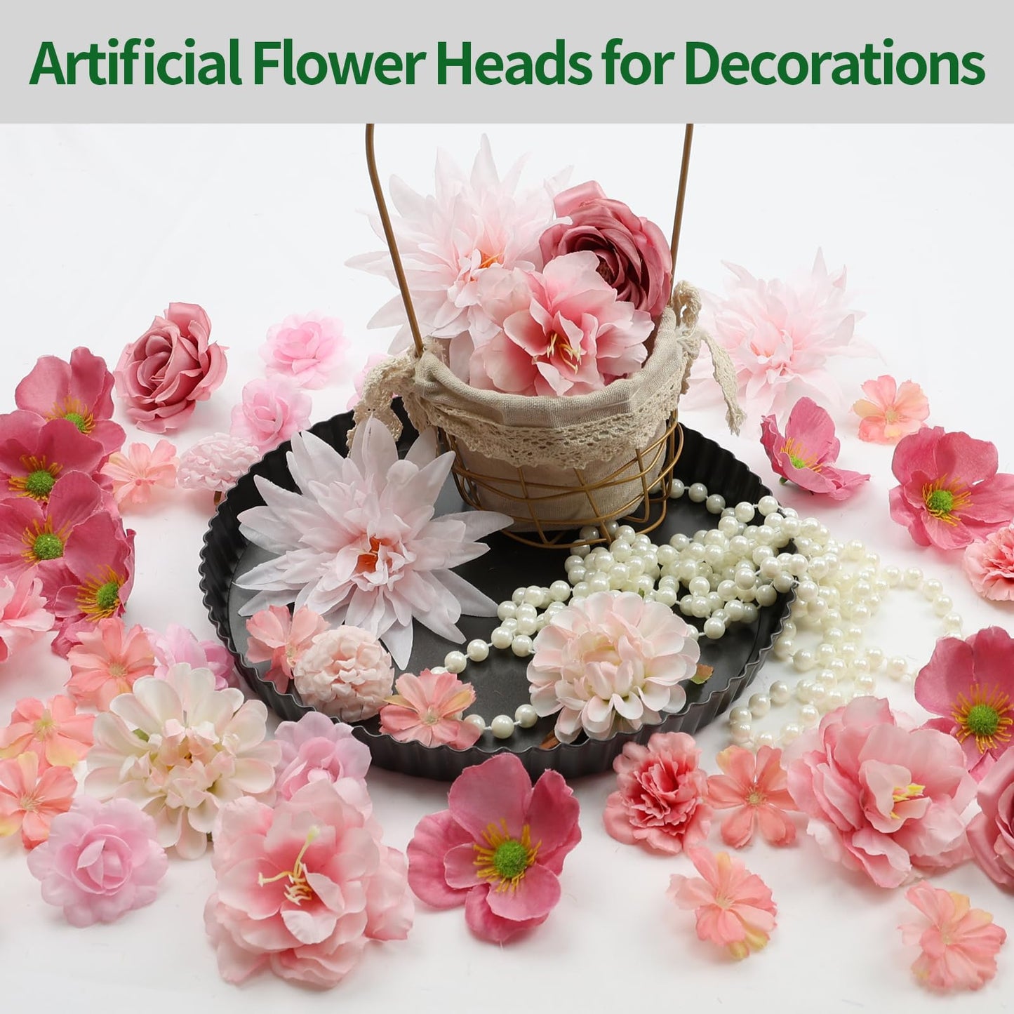 Nagobi 56 PCS Pink Fake Flowers Heads, Bulk Silk Flowers for Crafts, Mini Faux Flower Heads for Graduation Cap, DIY Wreath, Wedding Birthday Party Decor, Centerpieces
