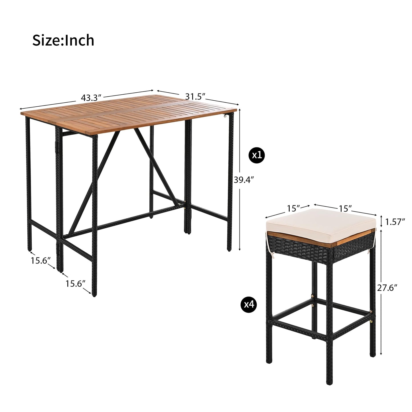 Merax 5-Piece Outdoor Bar Table and Chairs Set for 4, Acacia Wood PE Rattan Wicker Table and 4 Bar Height Stools with Cushions, Foldable Tabletop, Dining Bistro Set All-Weather Patio Furniture, Brown