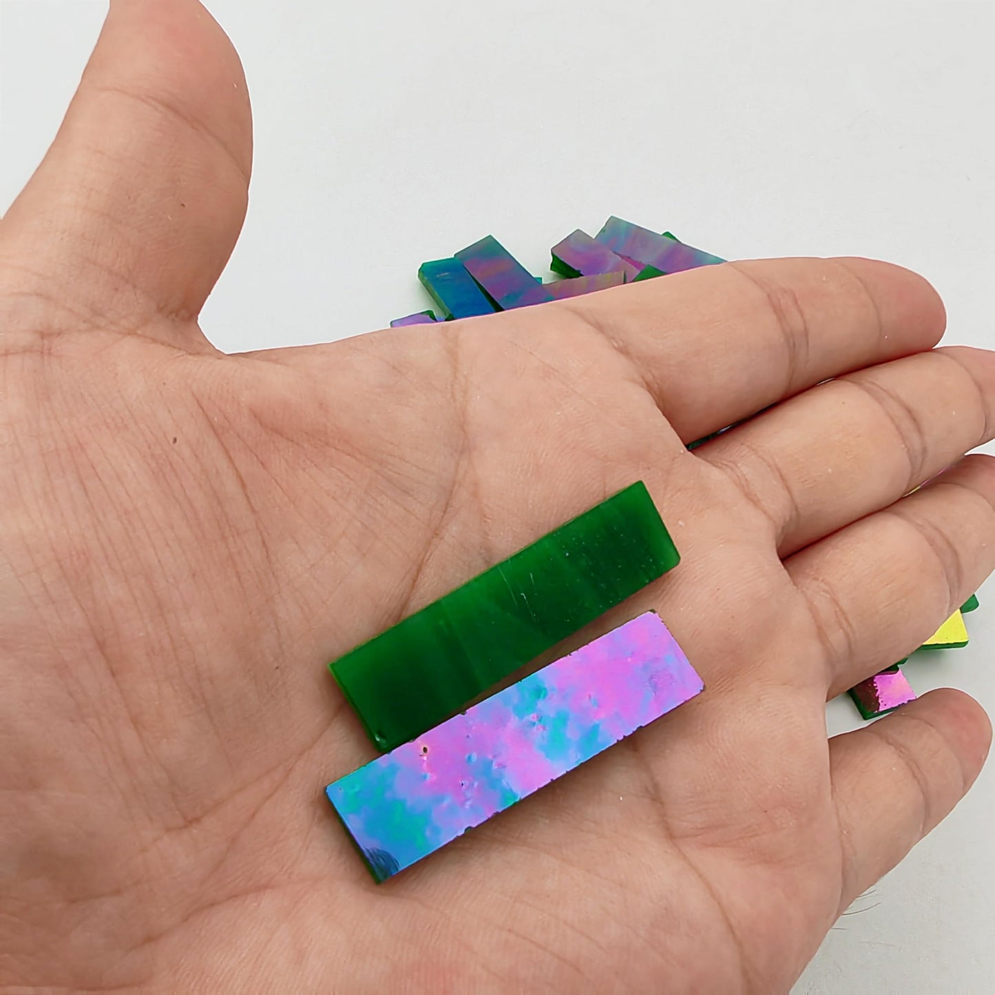 1.57" x 0.4" Rectangular Iridescent Stained Glass Strip, 7oz Glass Mosaic Tiles for DIY Crafts,Plates,Picture Frames,Flower Pots,Handmade Jewelry and More Mosaic Decorative (Iridescent Green)