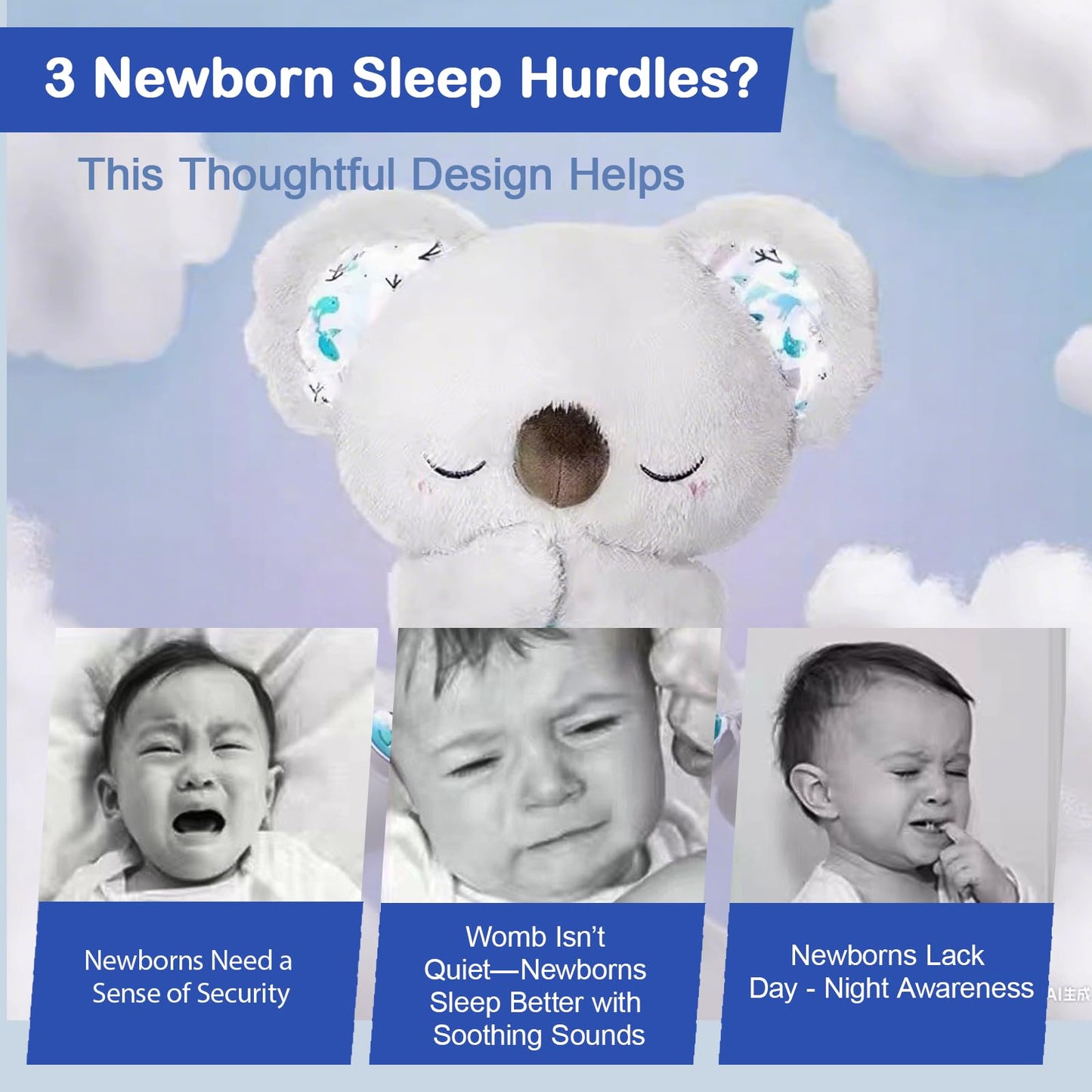 Anxiety Stuffed Animal - Relief Koala Bear for Adults & Kids, Soothing Plush with Breathing Motion, Calming Sleep Buddy, Music & Lights(Battery-Free)