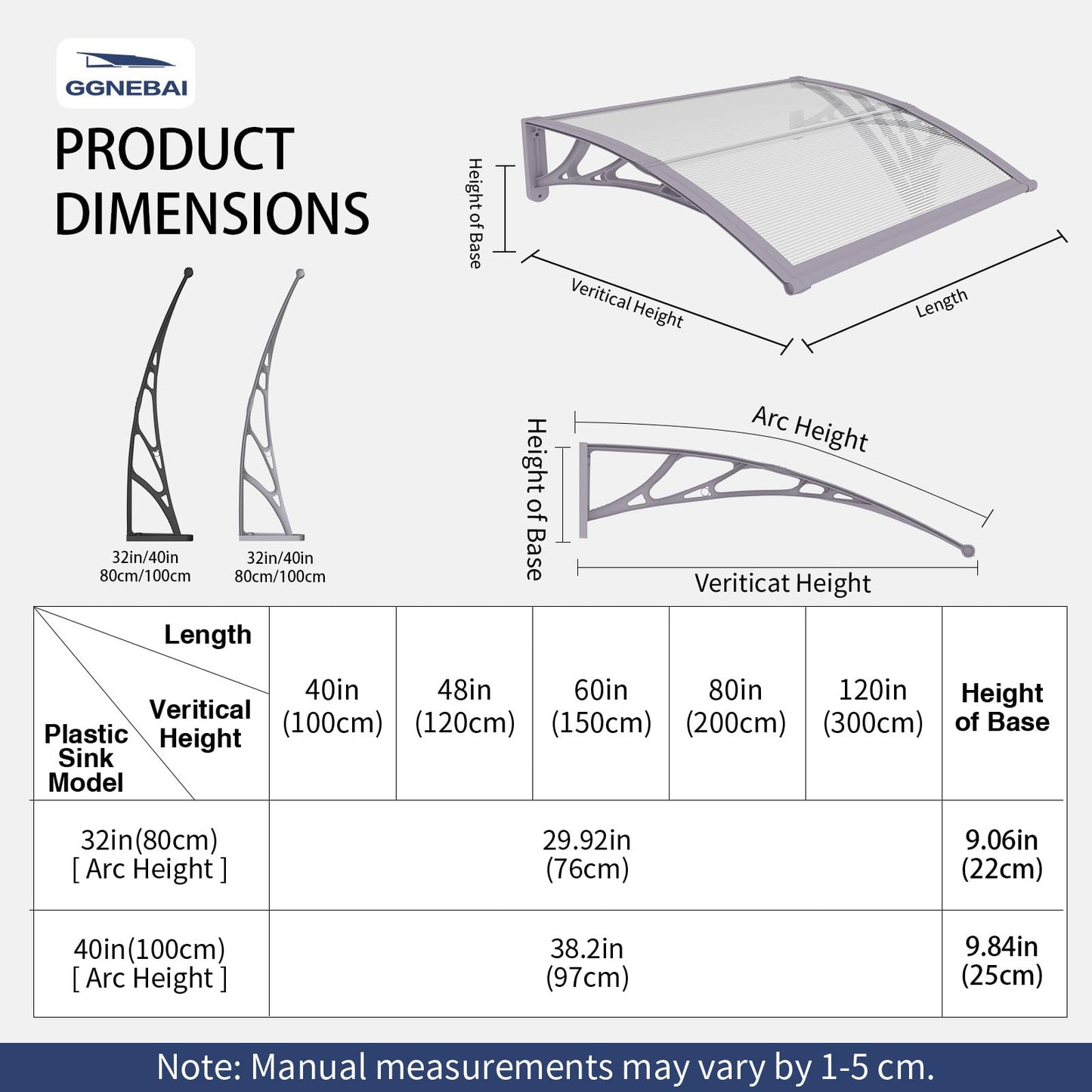 Awning for Door Entrance,32X120 Inches Awnings for Doors,Window Awning Canopy Exterior with Plastic Steel Bracket,Polycarbonate Cover,UV,Rain,Snow Protection for Porch,Patio,Deck