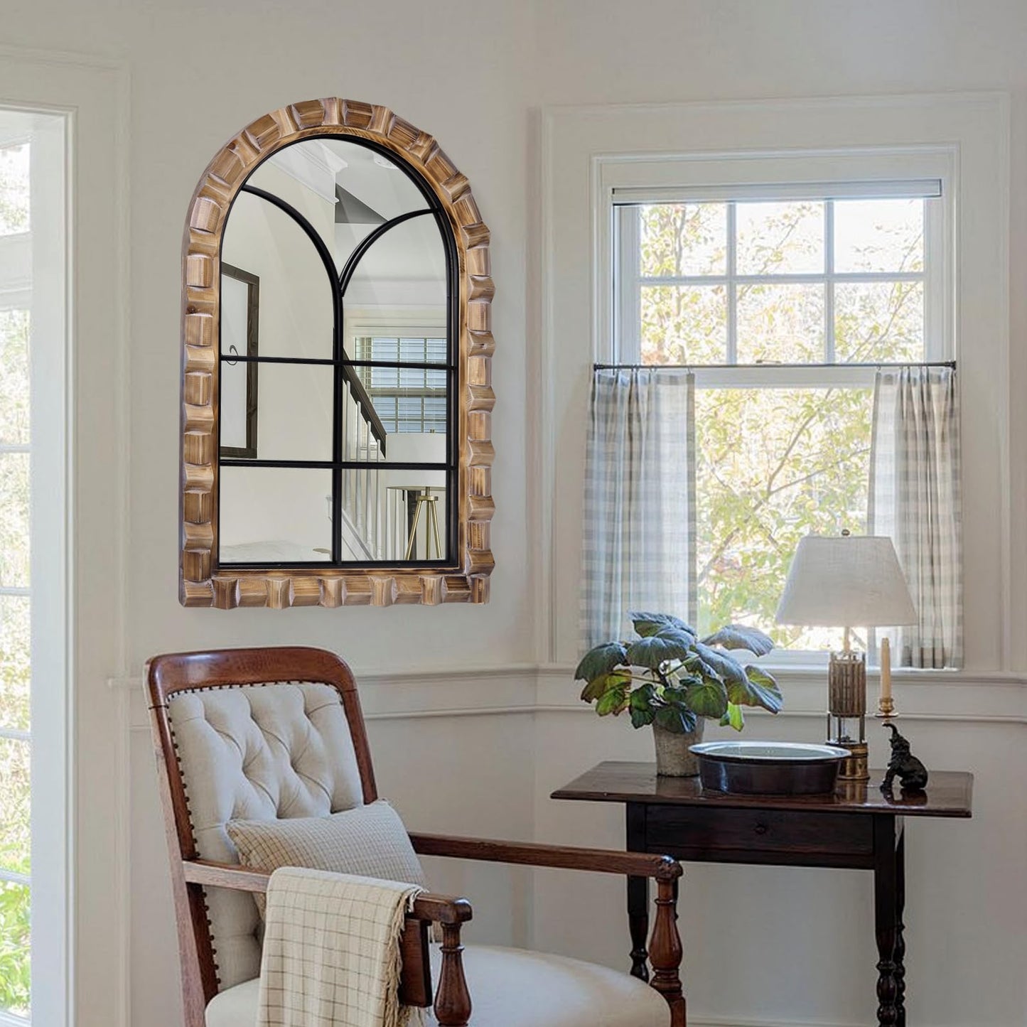 XGGJWW 36x24 Inch Arched Window Pane Wall Mirror - Rustic Farmhouse Solid Wood Decorative Mirror for for Living Room, Bedroom, Entryway & Bathroom