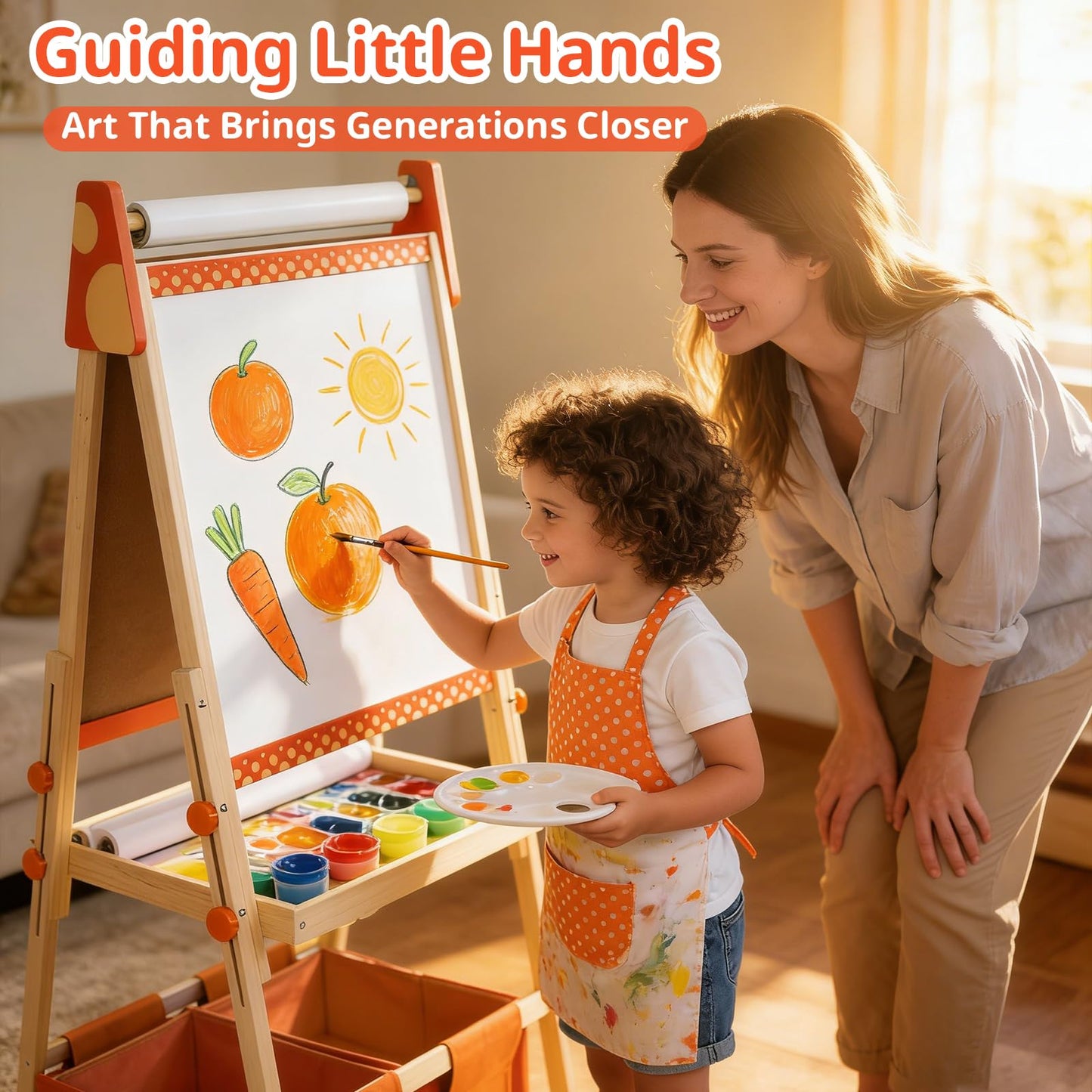 Art Easel for Kids, Kids Art Easel with 3 Paper Roll,Adjustable Standing Wooden Toddler Easel for Painting Double Sided, Magnetic Whiteboard and Chalkboard,3in1 Painting Easel for 2-4 4-8 Orange
