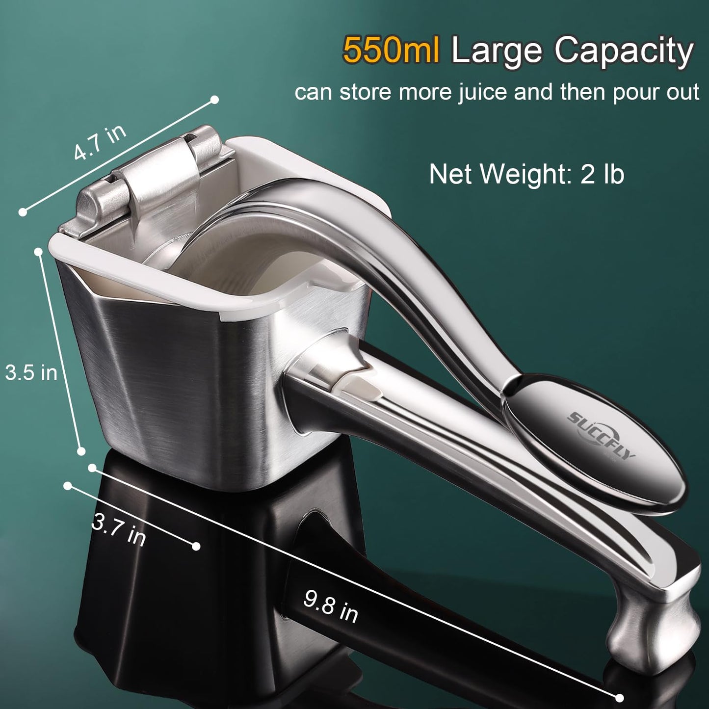 SUCCFLY Lemon Squeezer Stainless Steel, Manual Juicer Citrus Lime Orange Fruit Squeezer Heavy Duty Ergonomic Handle Labor-saving Large Capacity Juice Press Hand Handheld Juicer (5 Year Warranty)