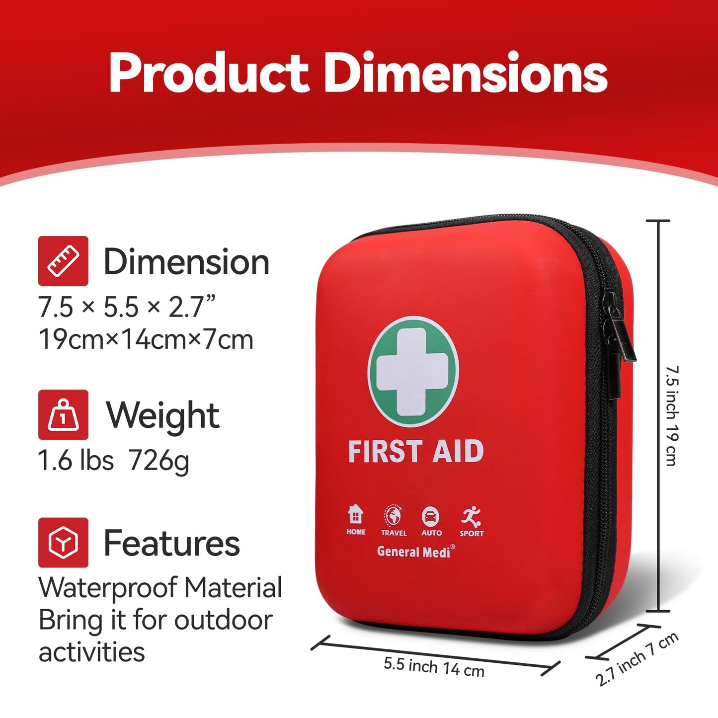General Medi First Aid Kit - 170 Pieces Hard Case and Lightweight - Great for Travel, Home, Office, Vehicle, Camping, Workplace & Outdoor (Red)