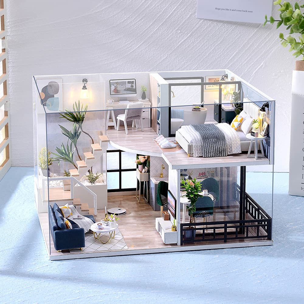 TuKIIE DIY Miniature Dollhouse Kit with Furniture, 1:24 Scale Creative Room Mini Wooden Doll House Accessories Plus Dust Proof & Music Movement for Kids Teens Adults(Satisfied Time)