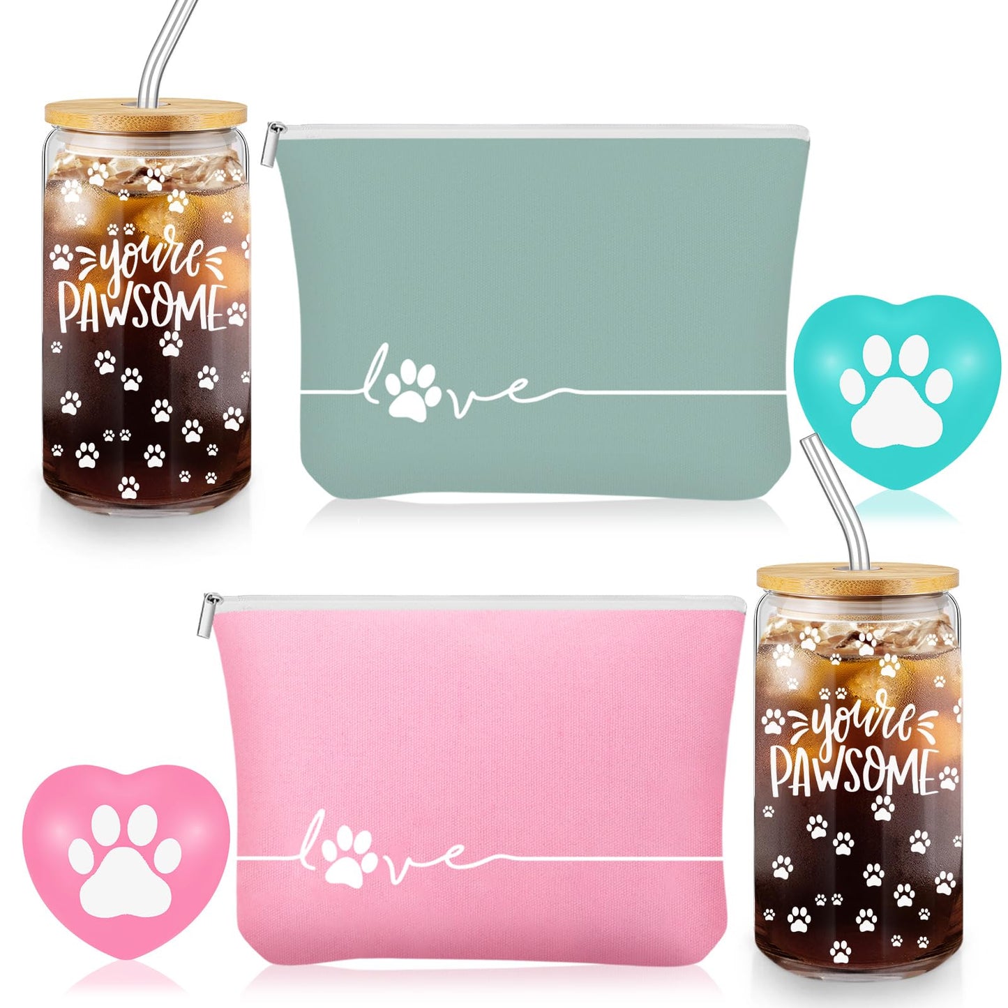 Sliner 2 Sets Veterinary Receptionist Week Gift for Women Inspirational 16 oz Glass Cups with Lid Makeup Bag with Stress Toy Vet Tech Assistant Dog Lover Cat Groomer Gifts Must Haves (Fresh Color)