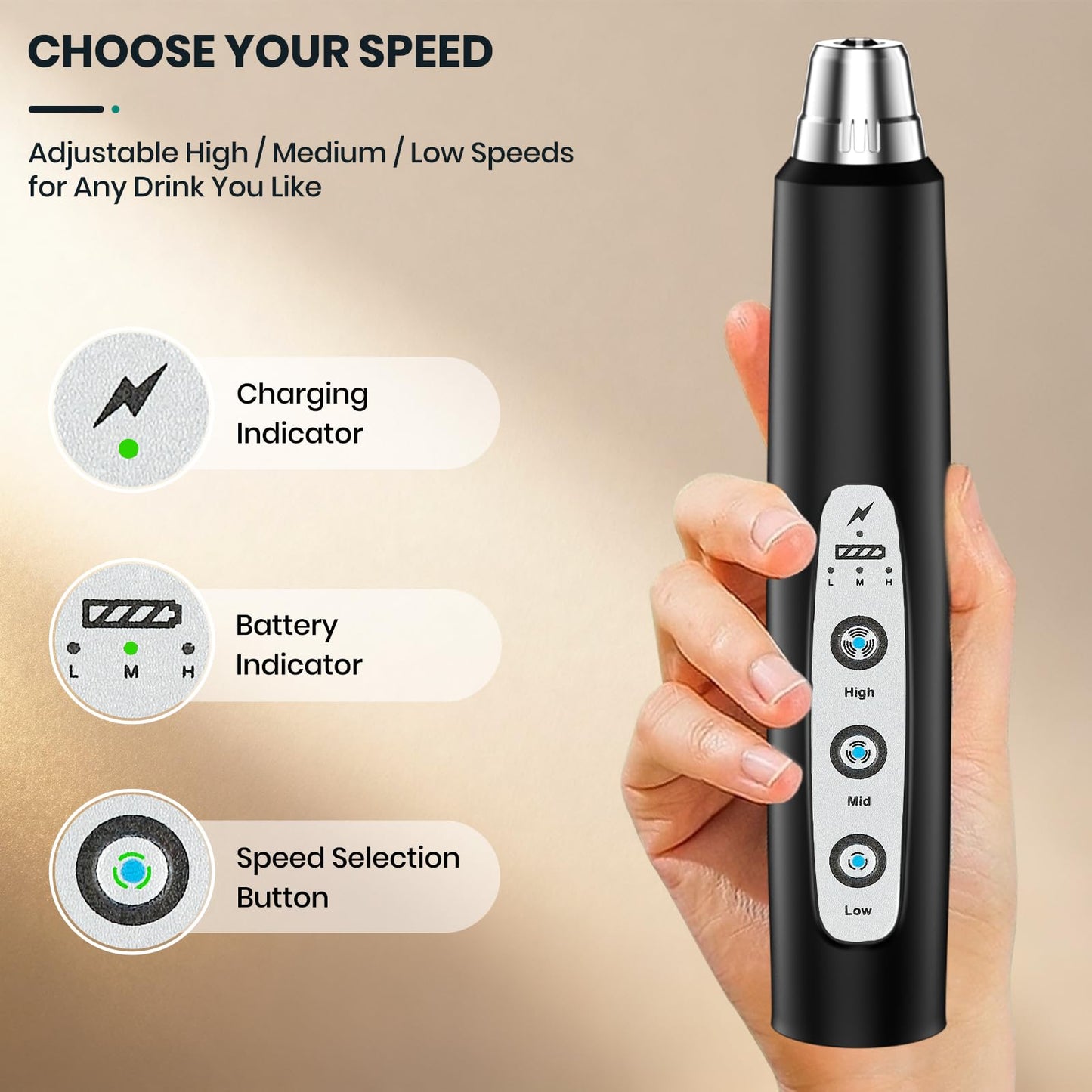 Colarlemo Milk Frother Handheld Rechargeable, Frother Wand Drink Mixer Electric Whisk for Coffee, Detachable With 3 Stainless Whisks, Hand Mixer for Lattes, Cappuccino, Matcha, Egg, No Stand,Black