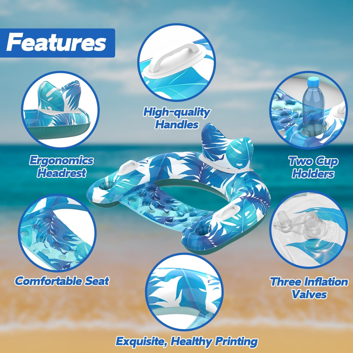 KEUCL Pool Floats, 3 Pack Inflatable Pool Float Chairs with Cupholders & Handles, Pool Floats Adult & Kids Perfect for Pool Lake & Rivers, Pool Toys Party, Relaxing Inflatable Chair for Swimming Pool